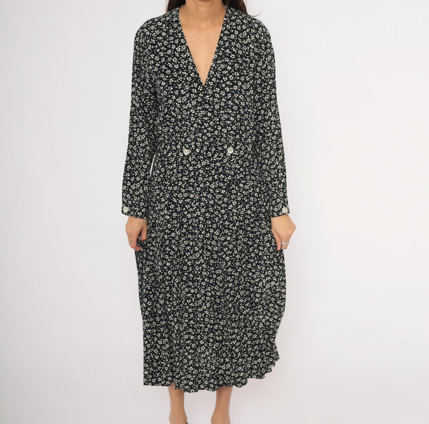 90s Liz Claiborne Black White Floral Midi Dress Double Breasted Large L