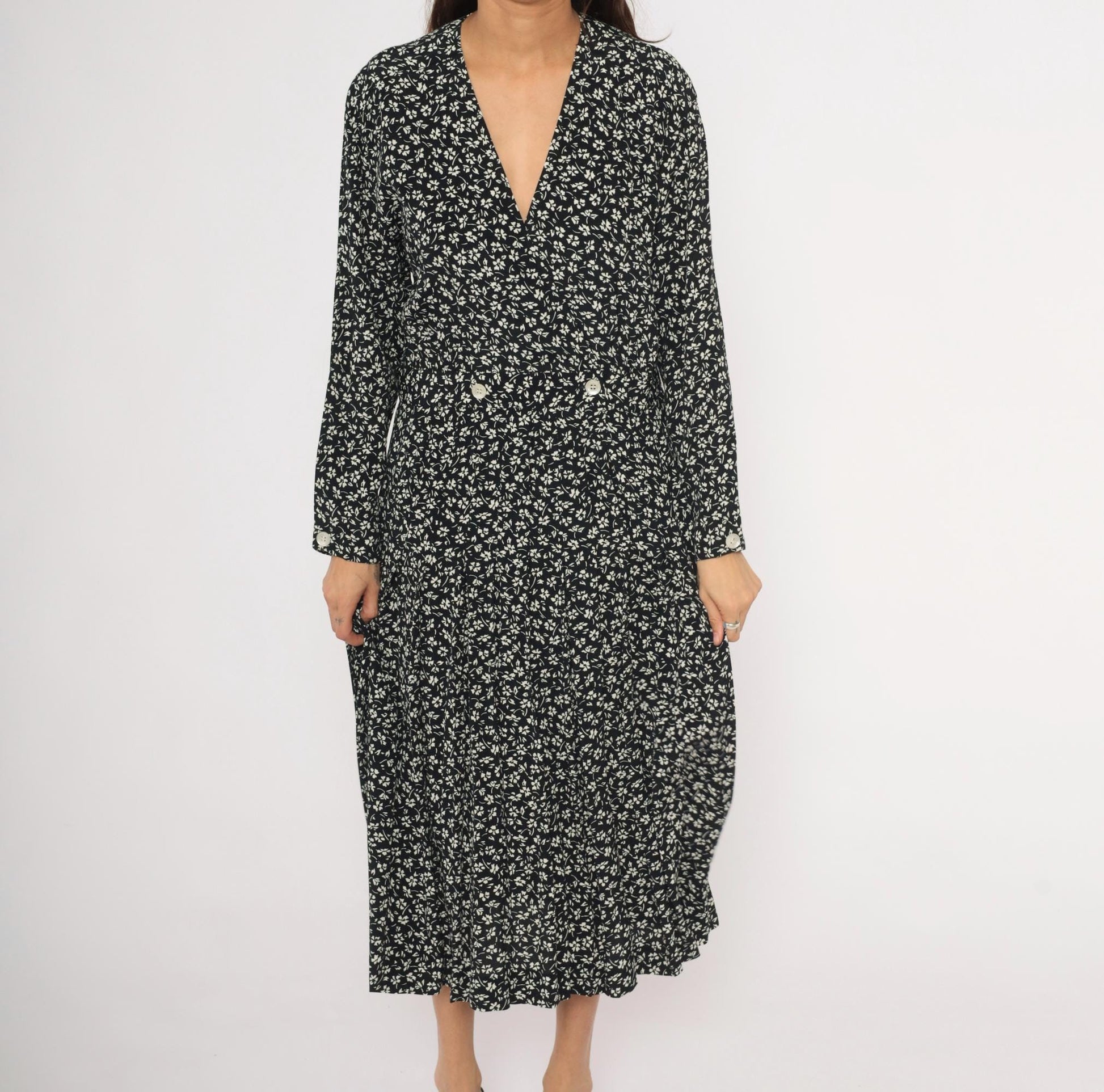 90s Liz Claiborne Black White Floral Midi Dress Double Breasted Large L