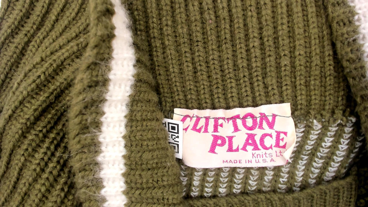 80s Olive Cream Striped Shawl Collar Sweater Knit Pullover Medium