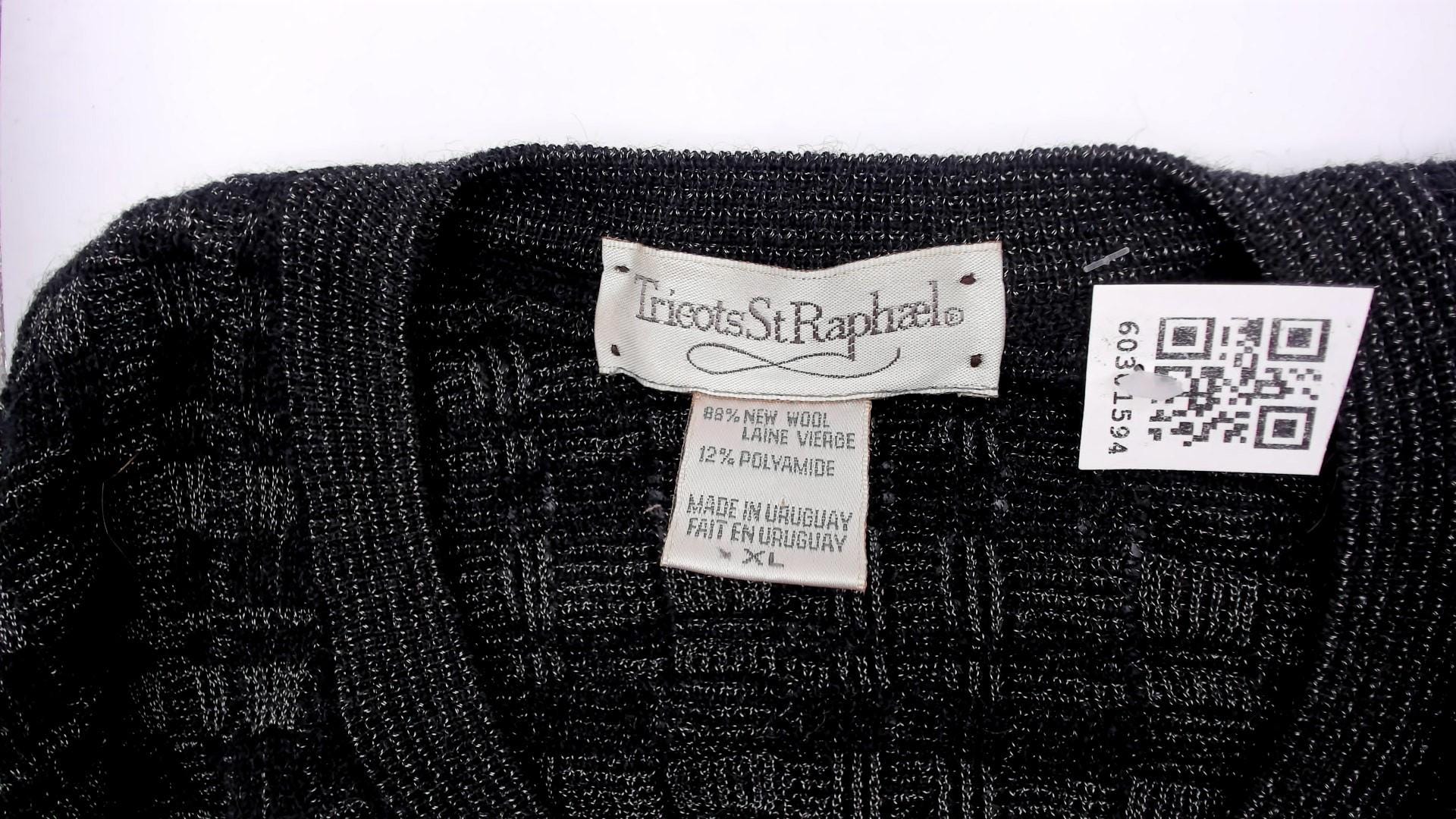 90s Tricots St Raphael Charcoal V-Neck Wool Sweater Checkerboard Knit Extra Large XL