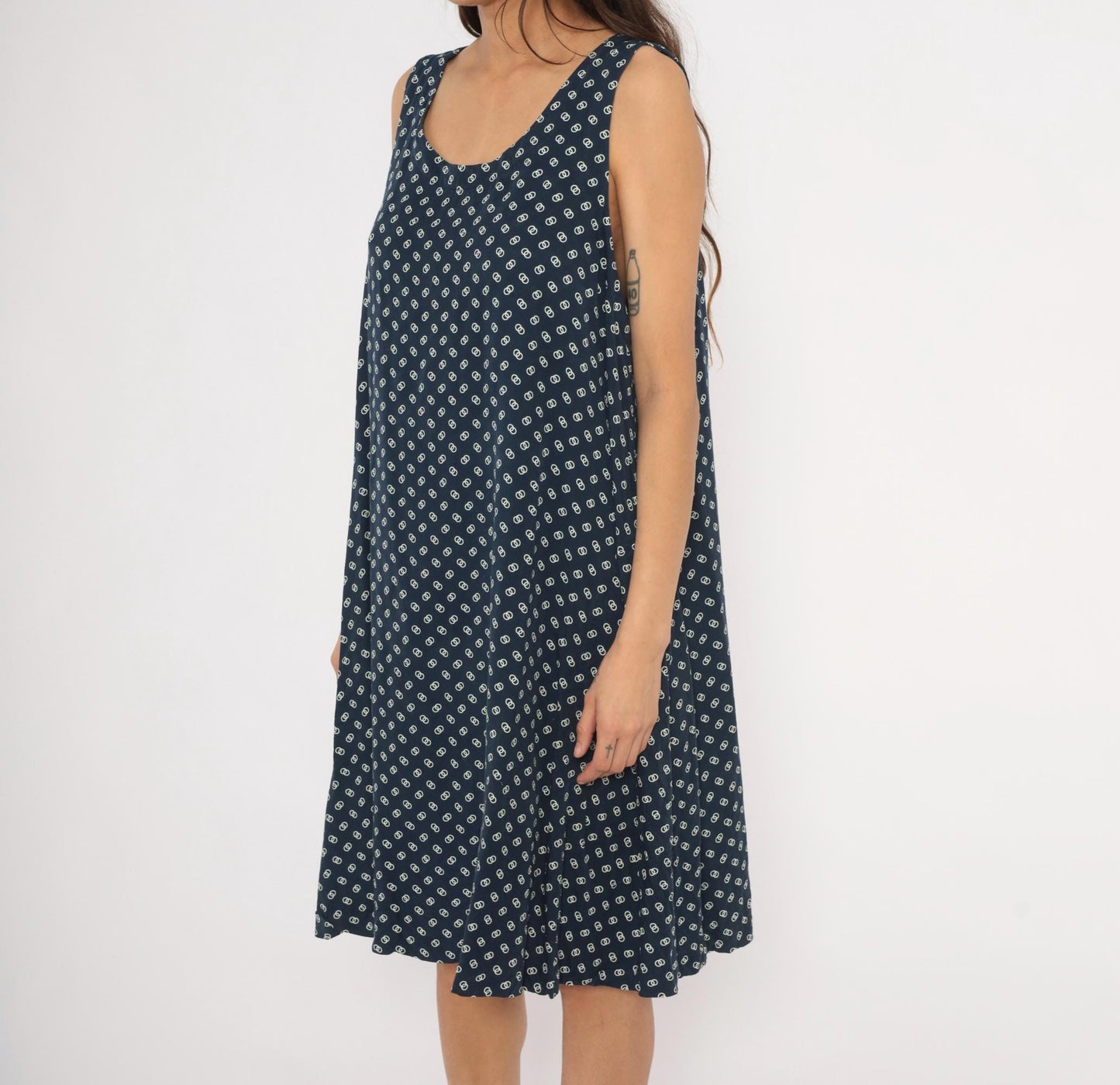 80s Steena Navy Sundress White Geometric Print Cotton Knee-Length Large L