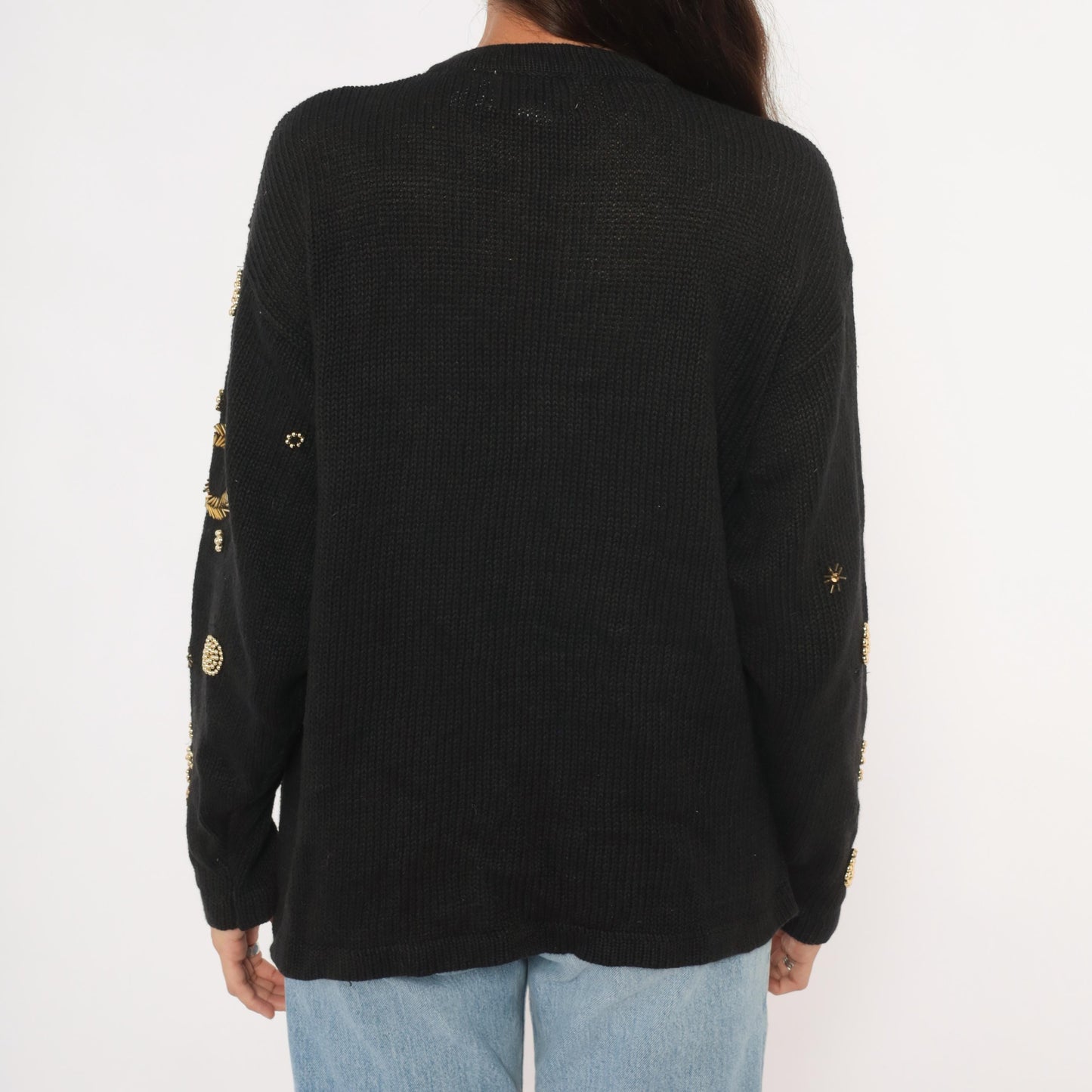 90s Fitting Image Black Cardigan Gold Beaded Medallion Embroidery Extra Large XL