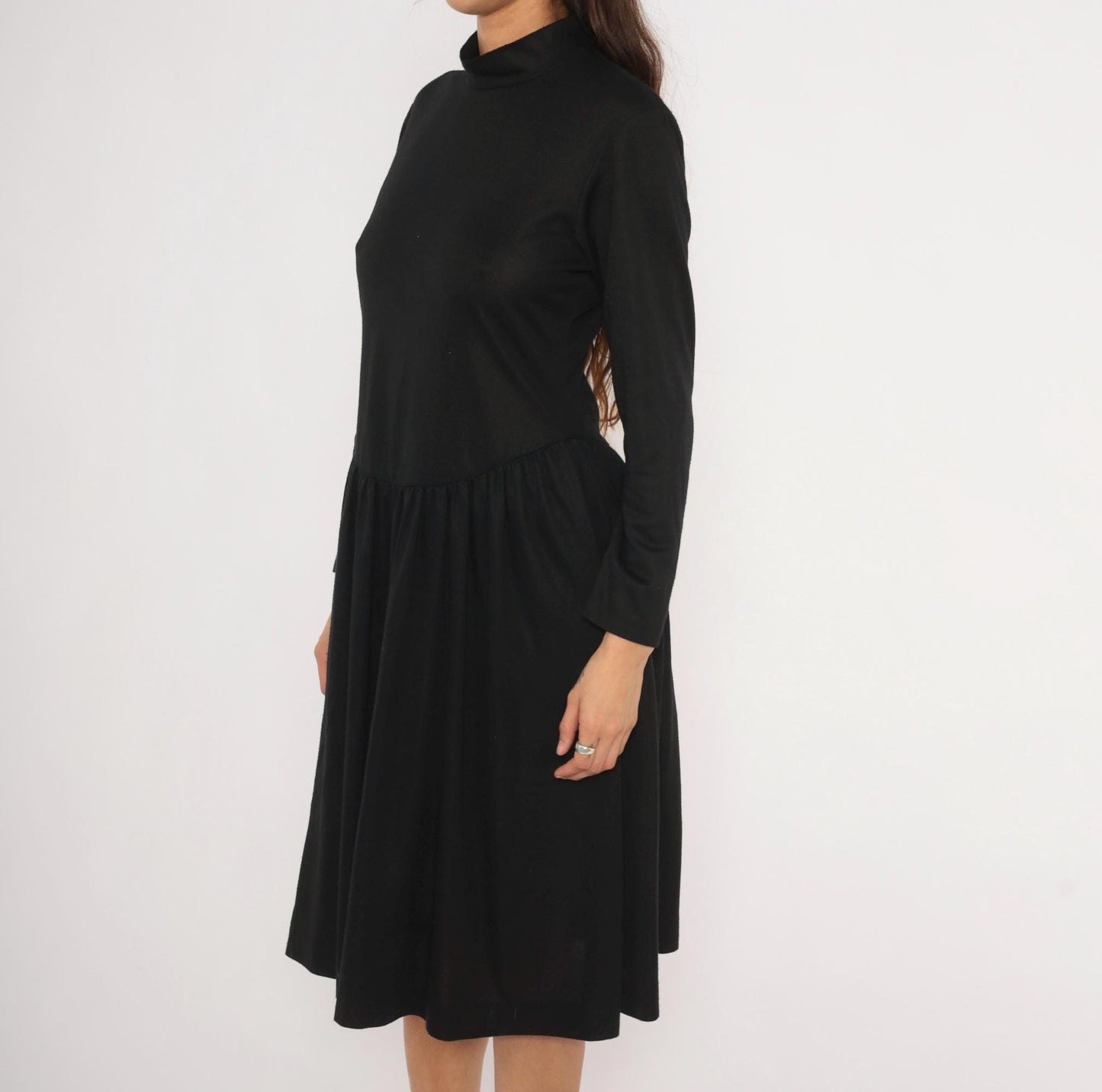 80s Vicky Vaughn Mock Neck Dress Black Drop Waist A-Line Medium M