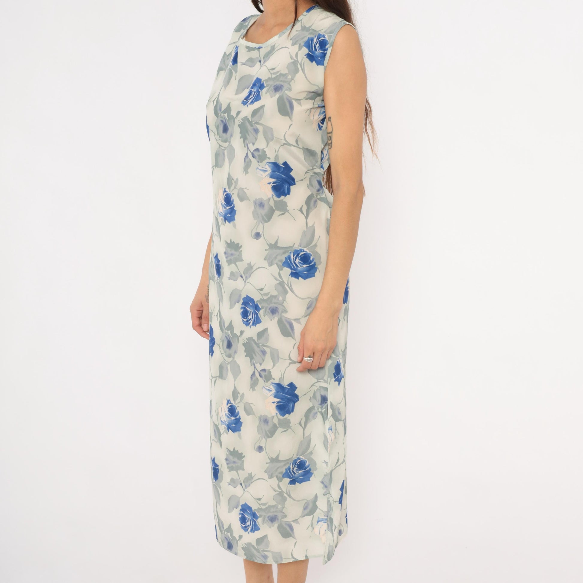 90s Steps Blue Rose Watercolor Midi Dress Ivory Chiffon Cap Sleeve Small S