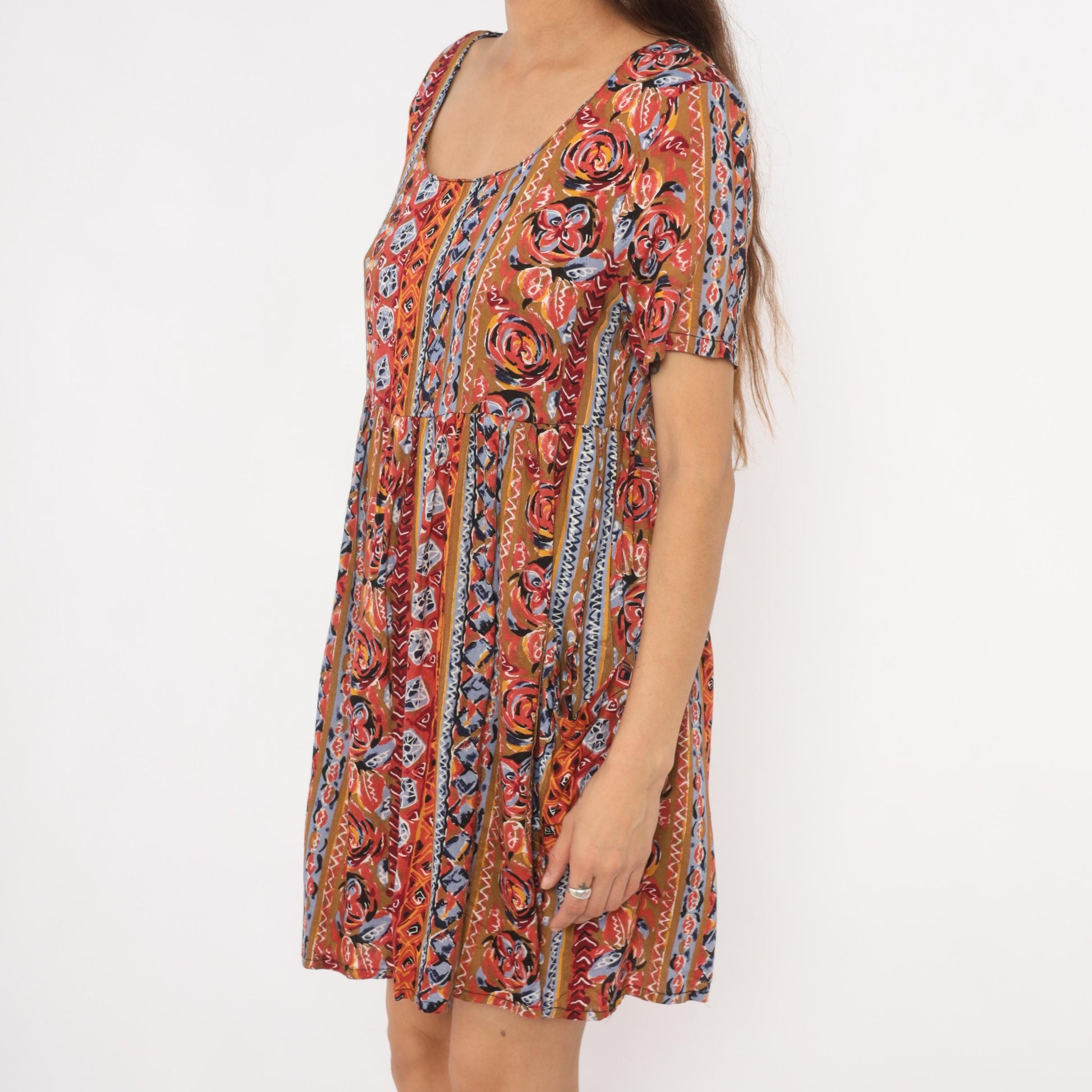 90s Pellini Babydoll Mini Dress Tribal Floral Stripe Rust Blue Small