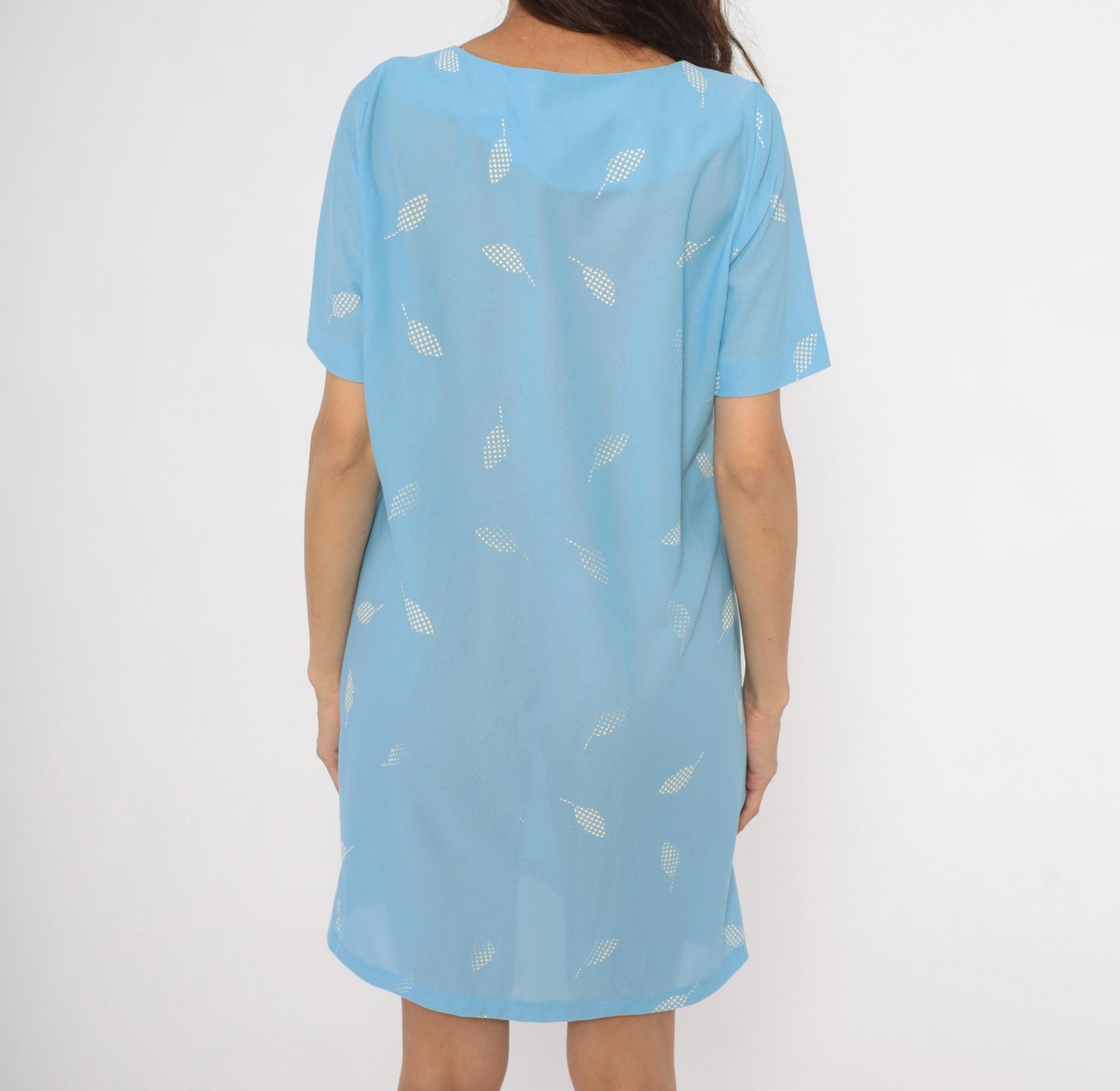 80s Sky Blue Leaf Shift Dress White Scattered Pattern Pintuck Medium