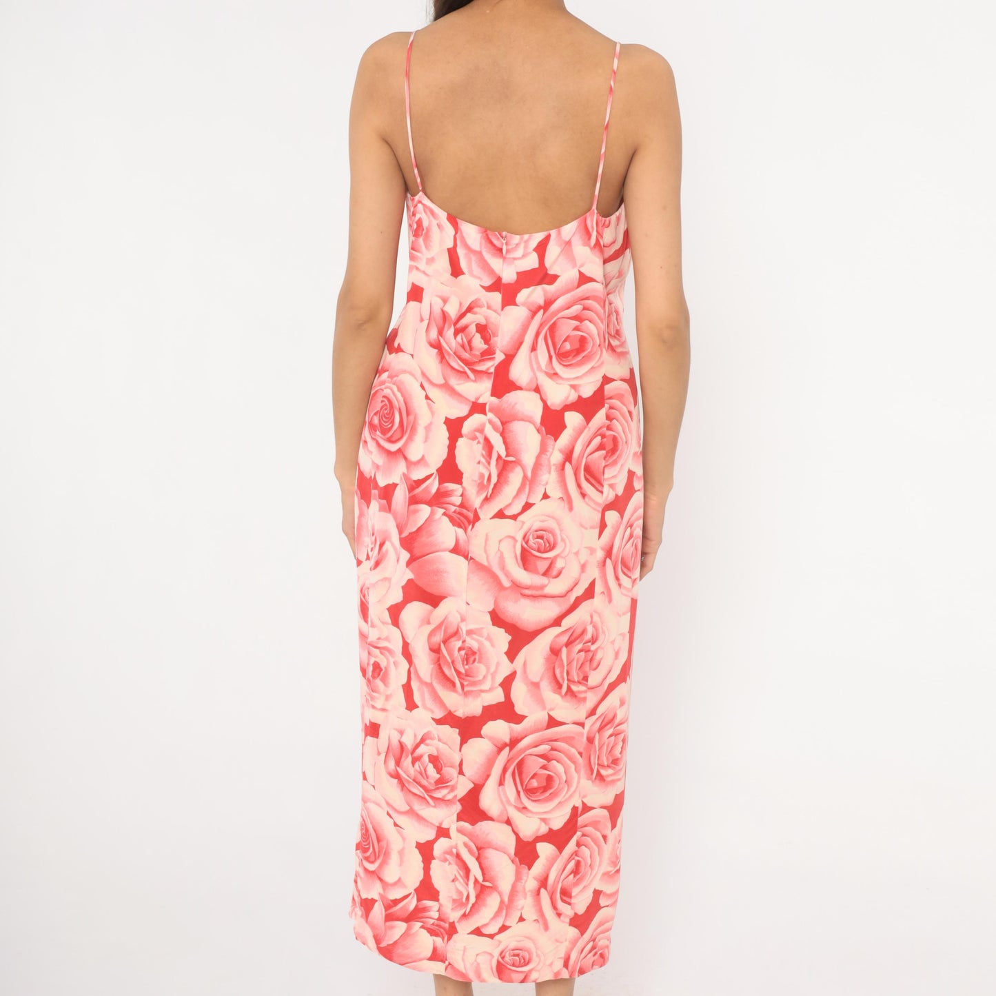 Y2K Neiman Marcus Silk Rose Print Slip Dress Pink Red Midi Slit Small S