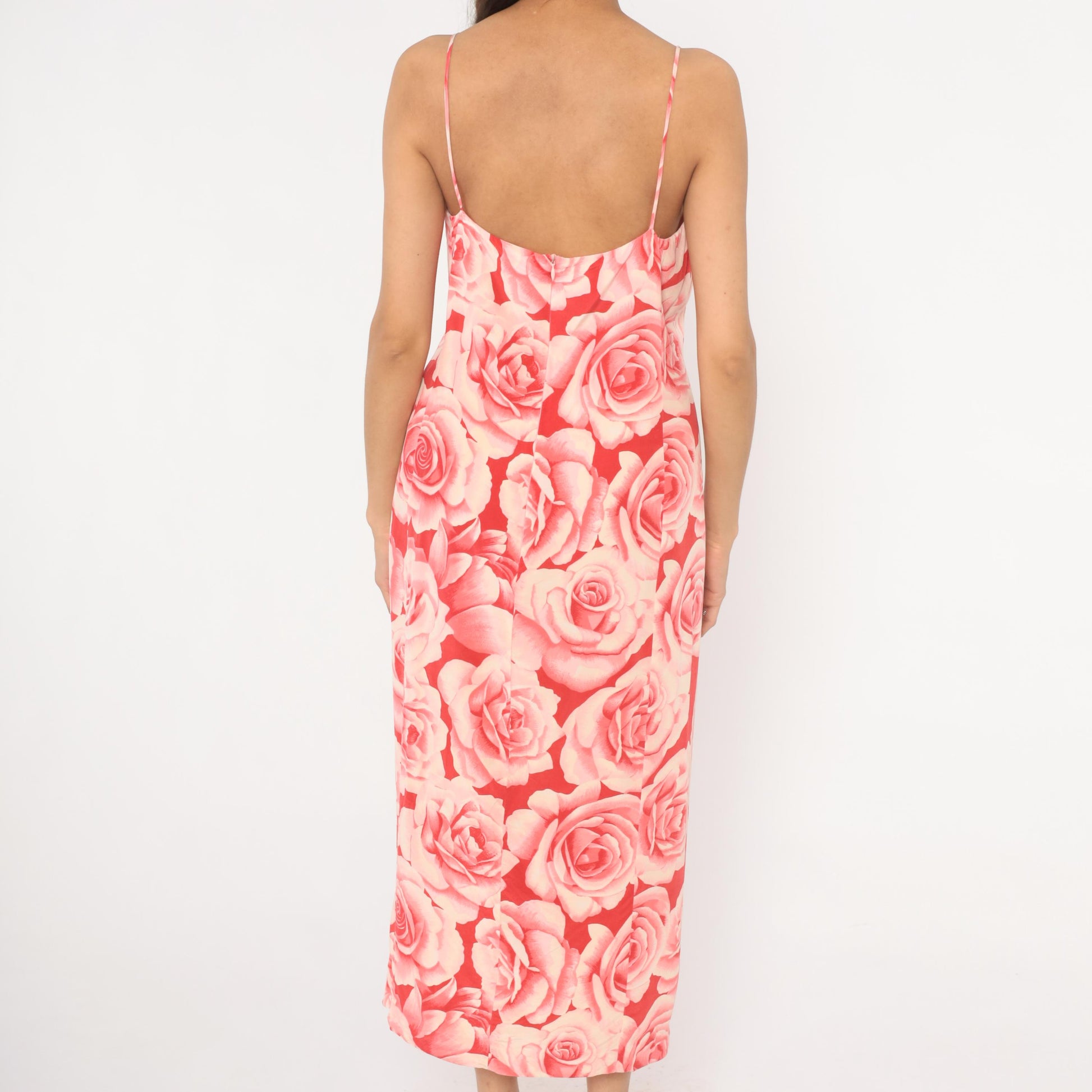 Y2K Neiman Marcus Silk Rose Print Slip Dress Pink Red Midi Slit Small S