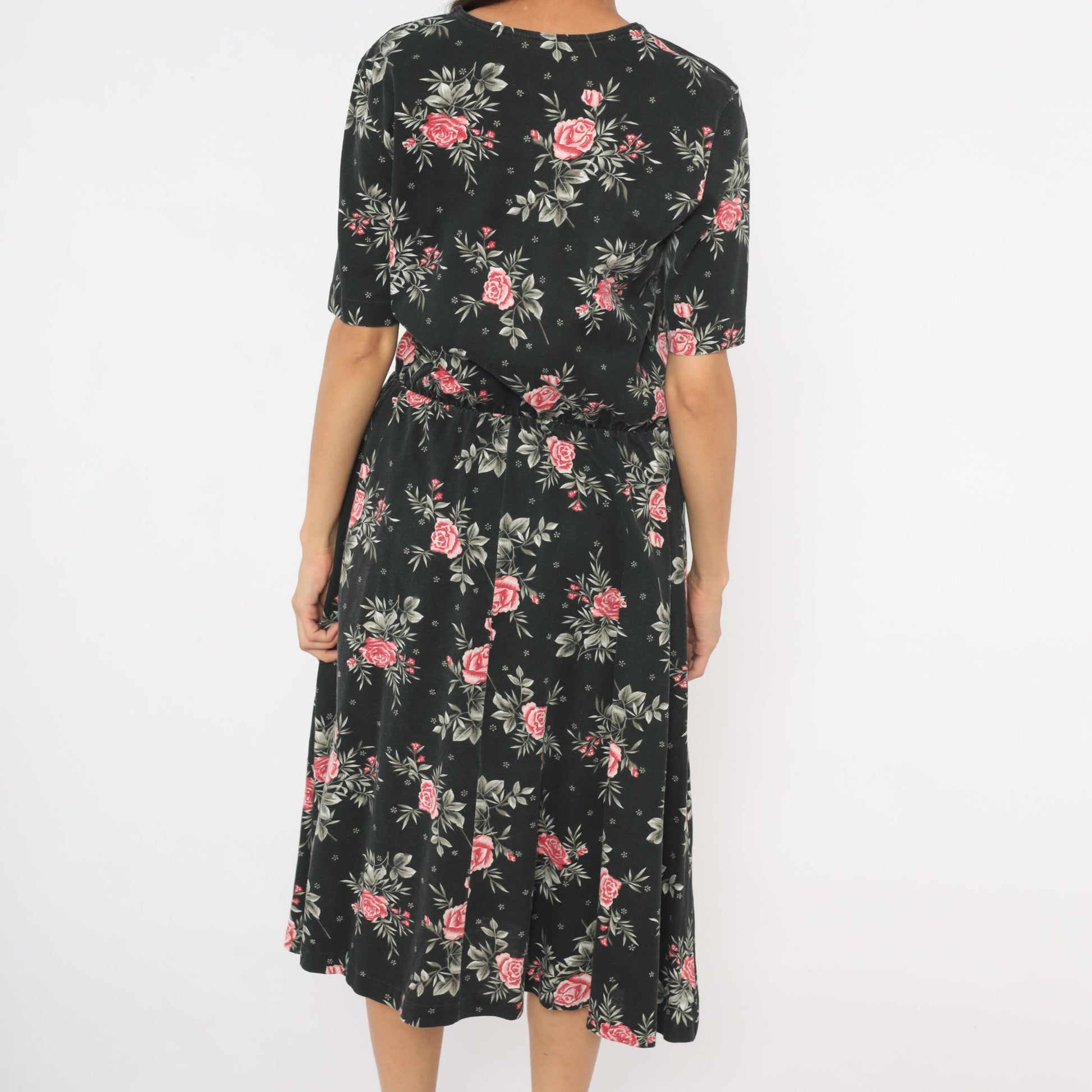 90s Black Midi Dress Pink Rose Floral Print Elastic Waist Cotton Medium M