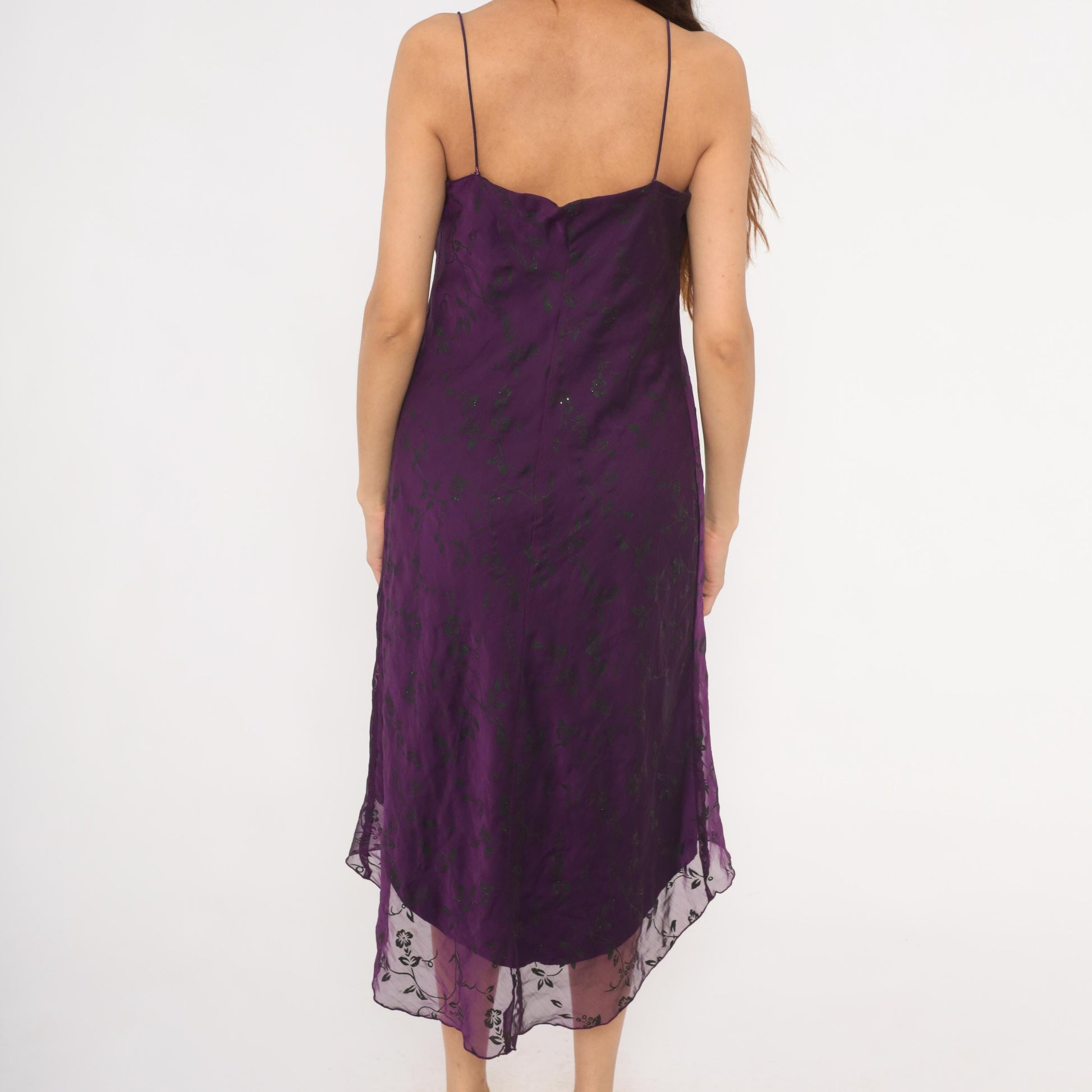 Y2K Purple Cowl Neck Slip Dress Floral Chiffon Overlay Spaghetti Strap Extra Large XL