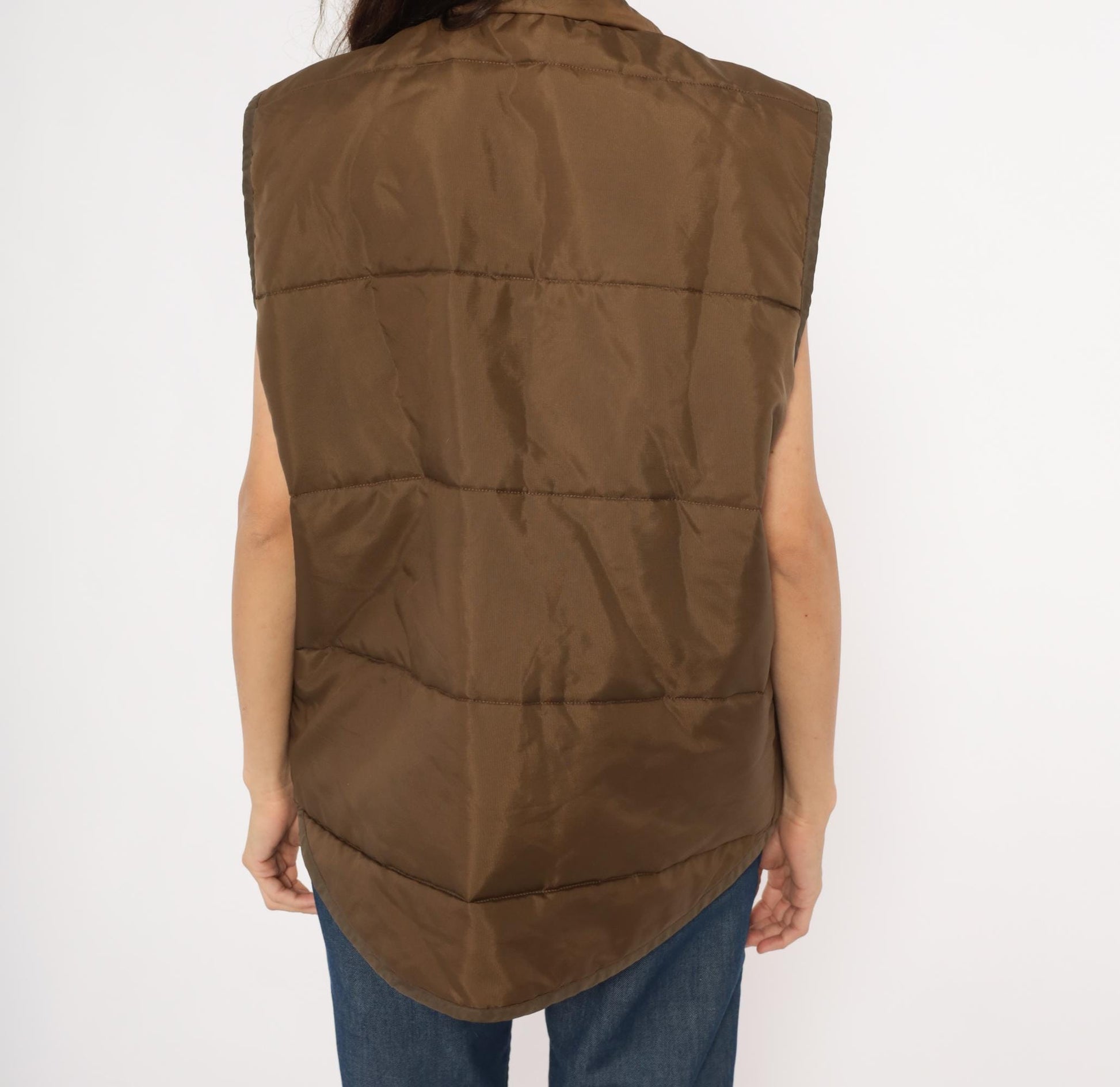 80s Brown Quilted Puffer Vest Snap Front Sleeveless Jacket Large L