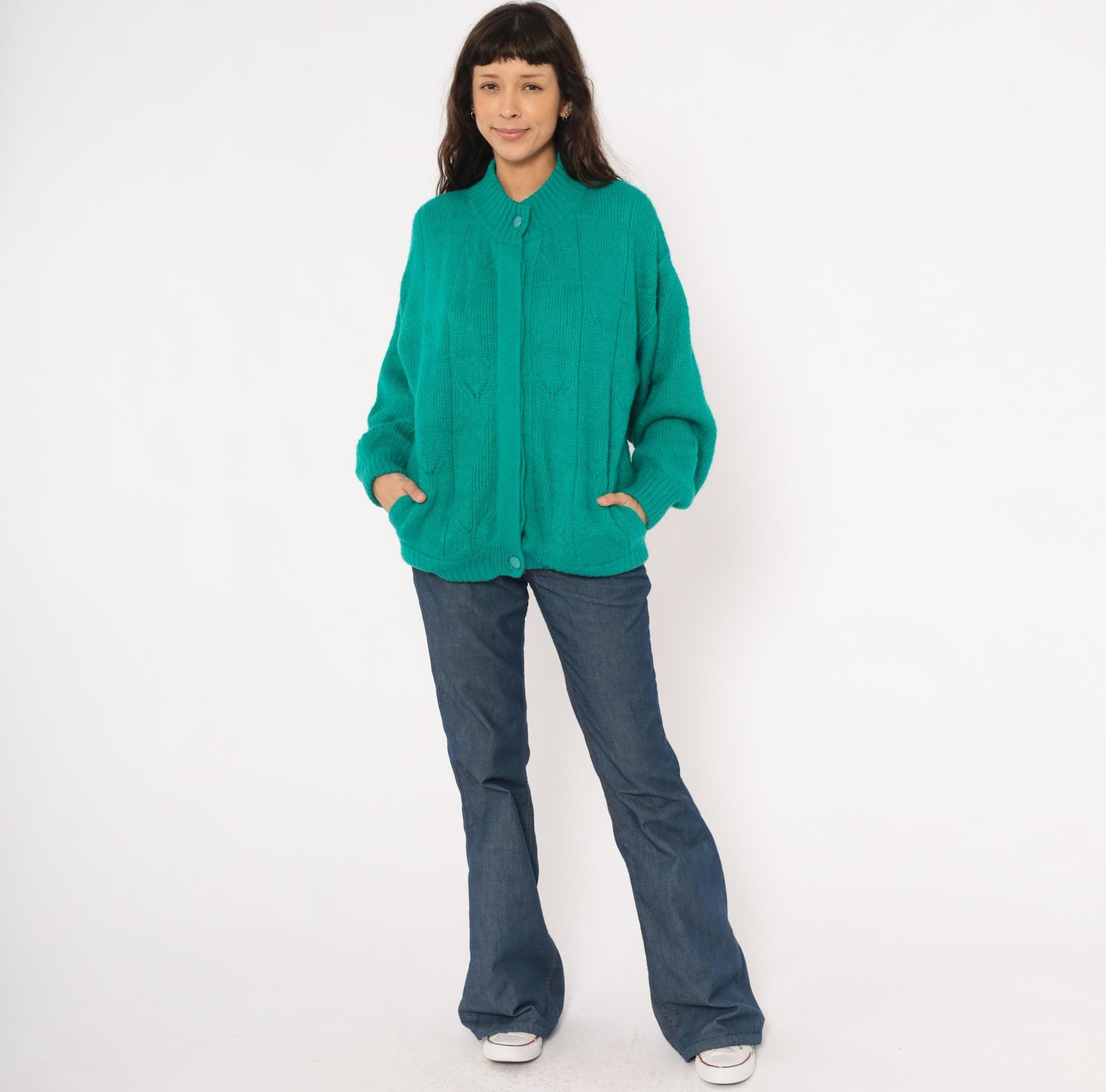 90s Astri Teal Mohair Cardigan Leaf Cable Knit Bomber Medium M