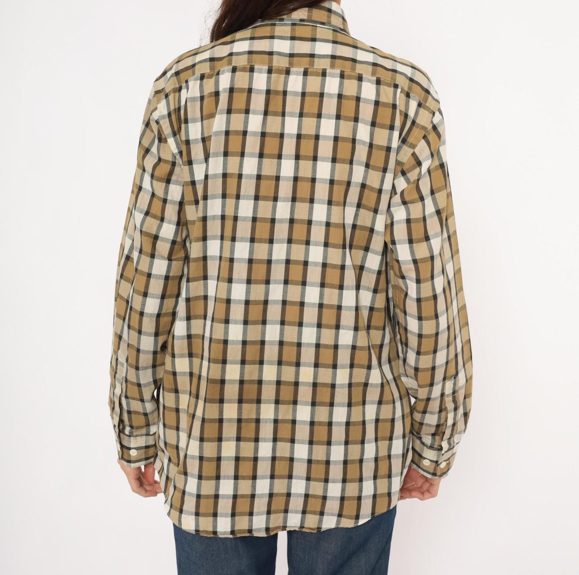 90s Steeplechase Plaid Button-Up Shirt Tan Navy Cream Medium