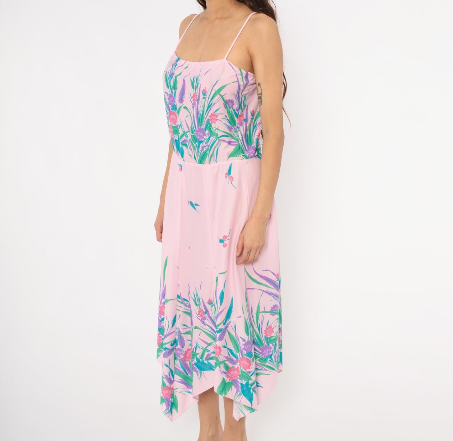 70s Floral Sundress Pink Purple Tropical Print Handkerchief Hem Medium
