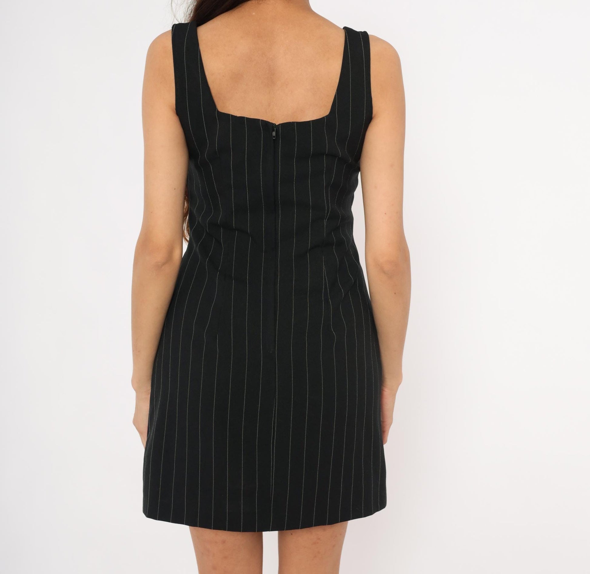 90s B Time Pinstripe Mini Dress Black White Stripes Square Neckline Small