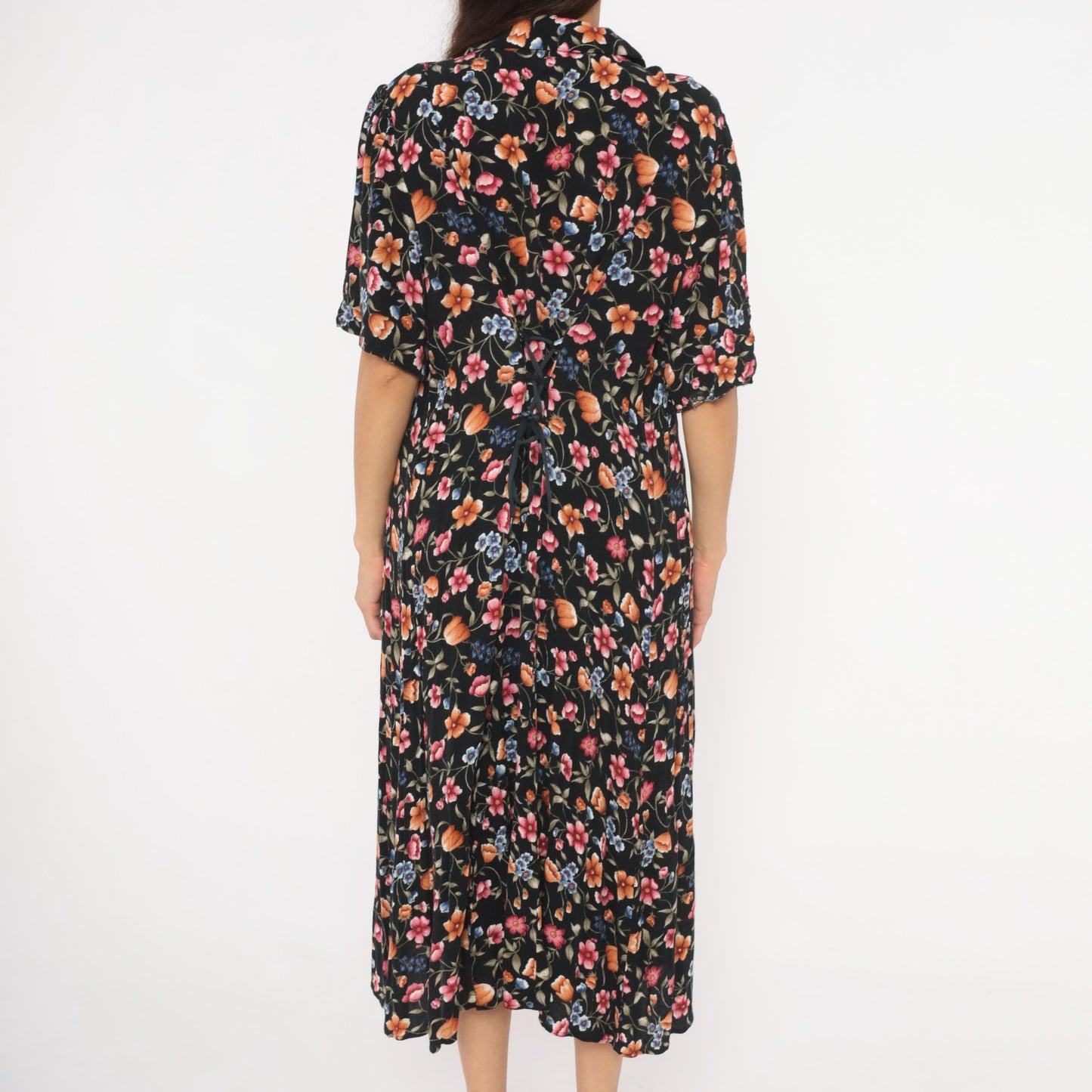 90s Basia Floral Midi Dress Black Lace Collar Pearl Buttons Medium