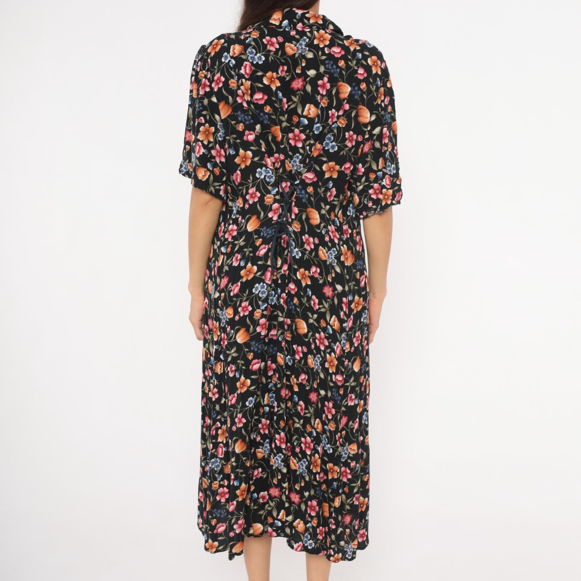 90s Basia Floral Midi Dress Black Lace Collar Pearl Buttons Medium
