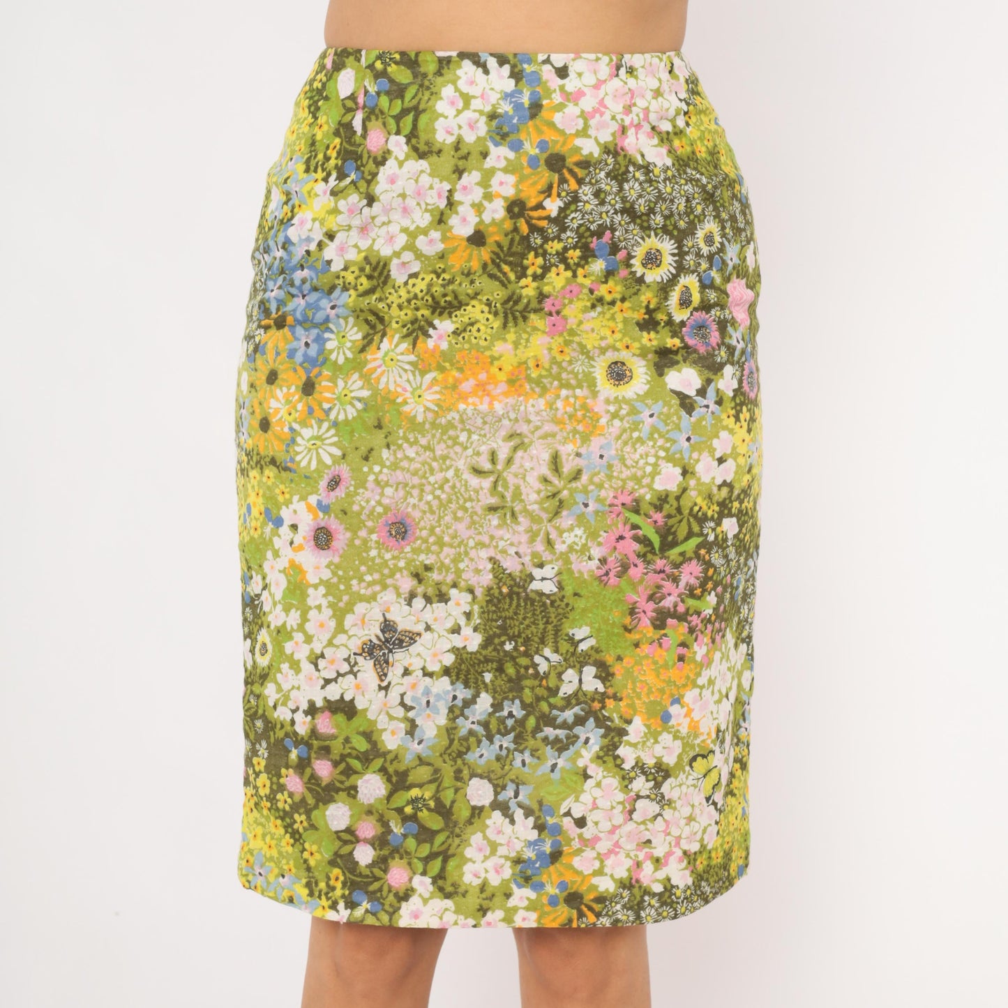 70s Wildflower Garden Pencil Skirt Green Floral Butterfly Print Knee Length Small