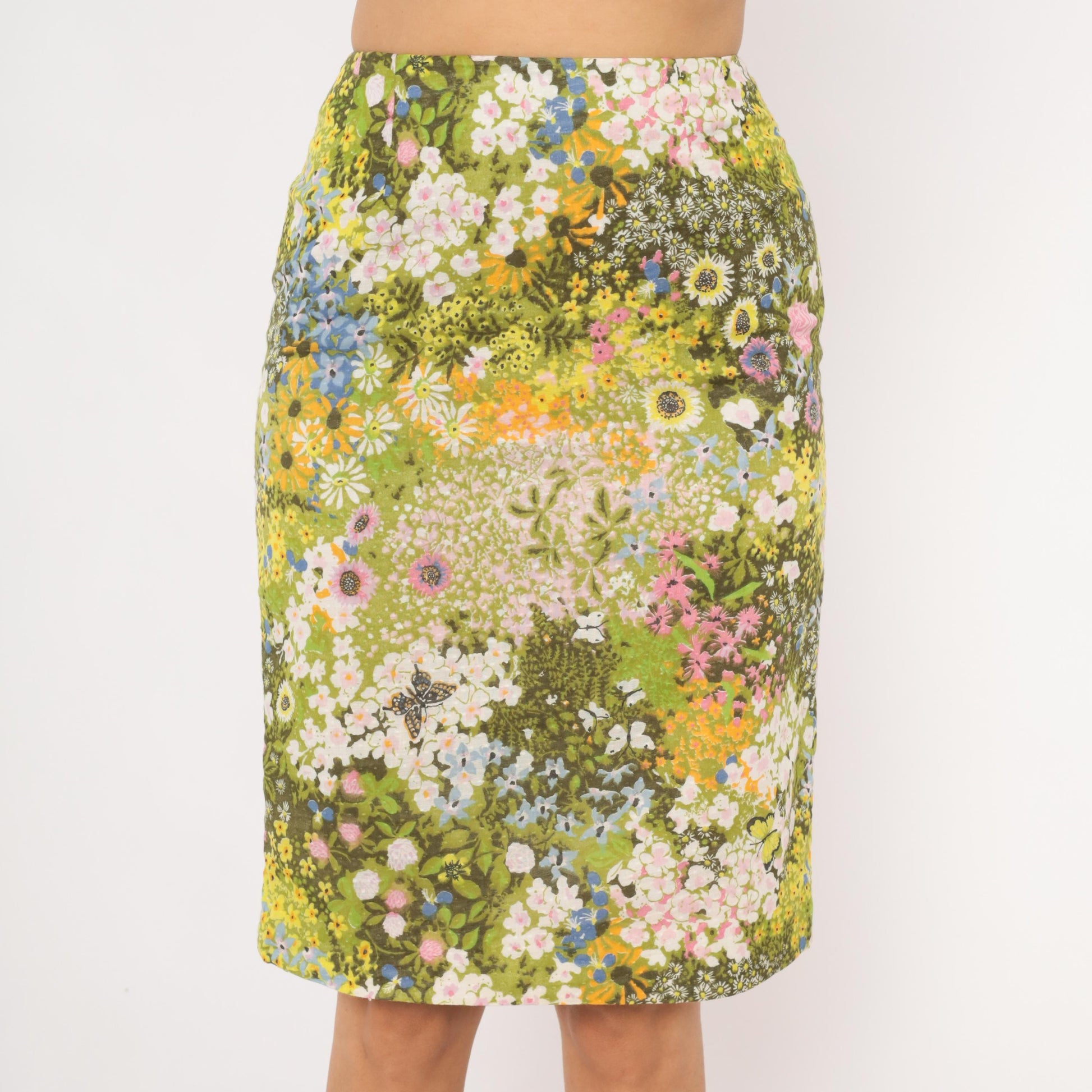 70s Wildflower Garden Pencil Skirt Green Floral Butterfly Print Knee Length Small