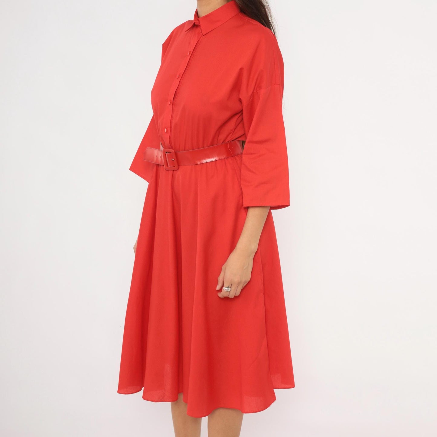 80s The American Shirt Dress Red Midi Button-Front Belted Waist Medium M