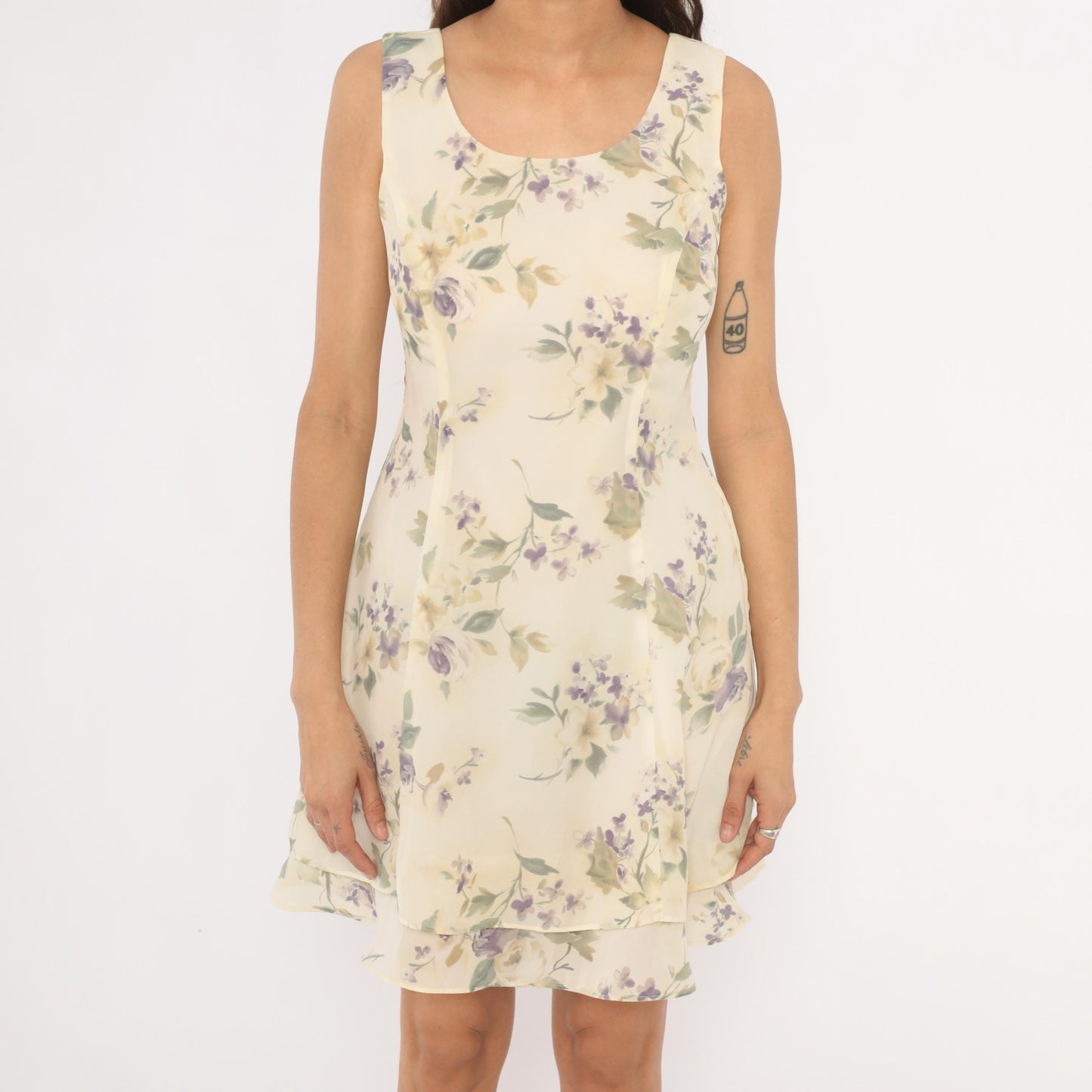 90s Scarlett Floral Chiffon Mini Dress Cream Crossback Scoop Neck Small S
