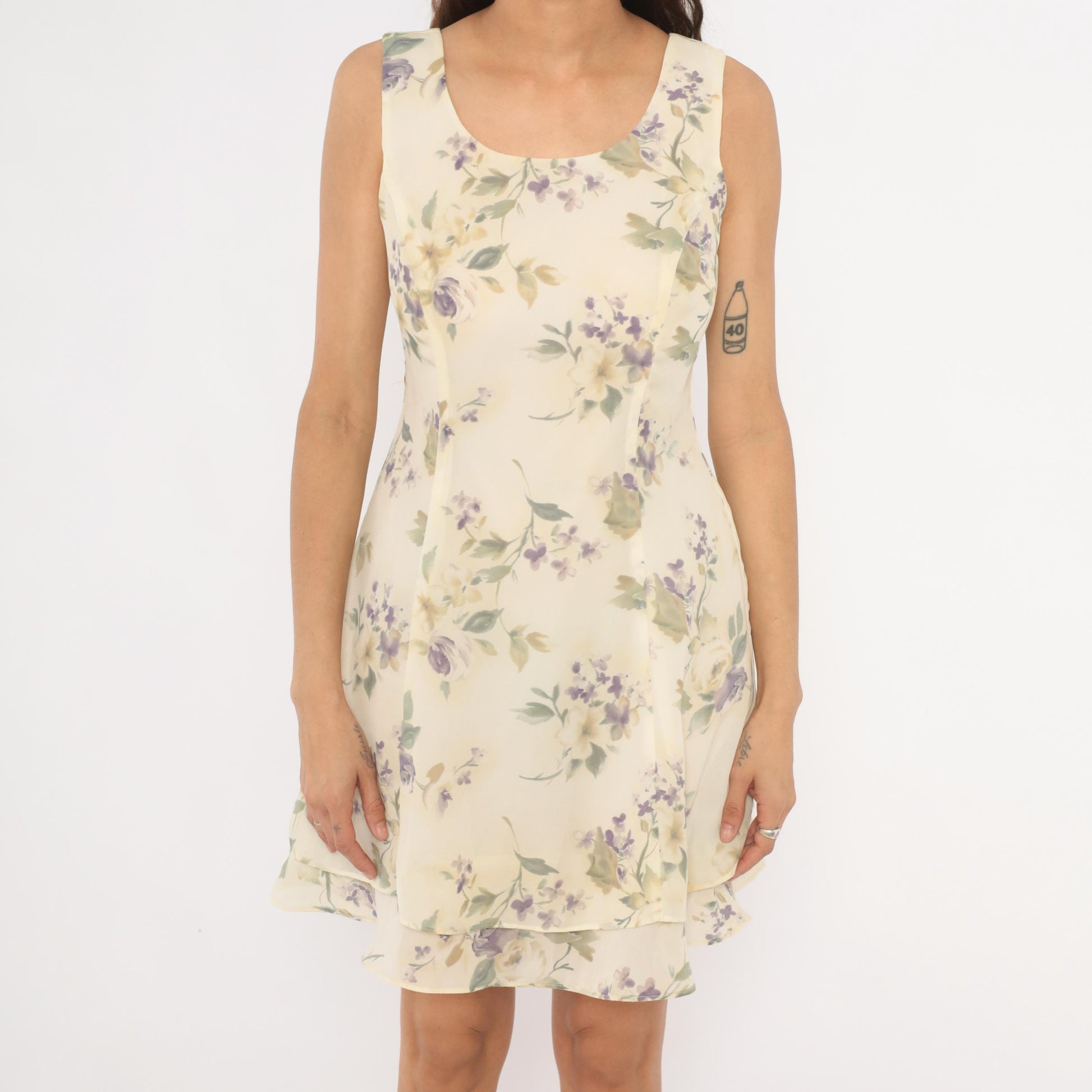 90s Scarlett Floral Chiffon Mini Dress Cream Crossback Scoop Neck Small S