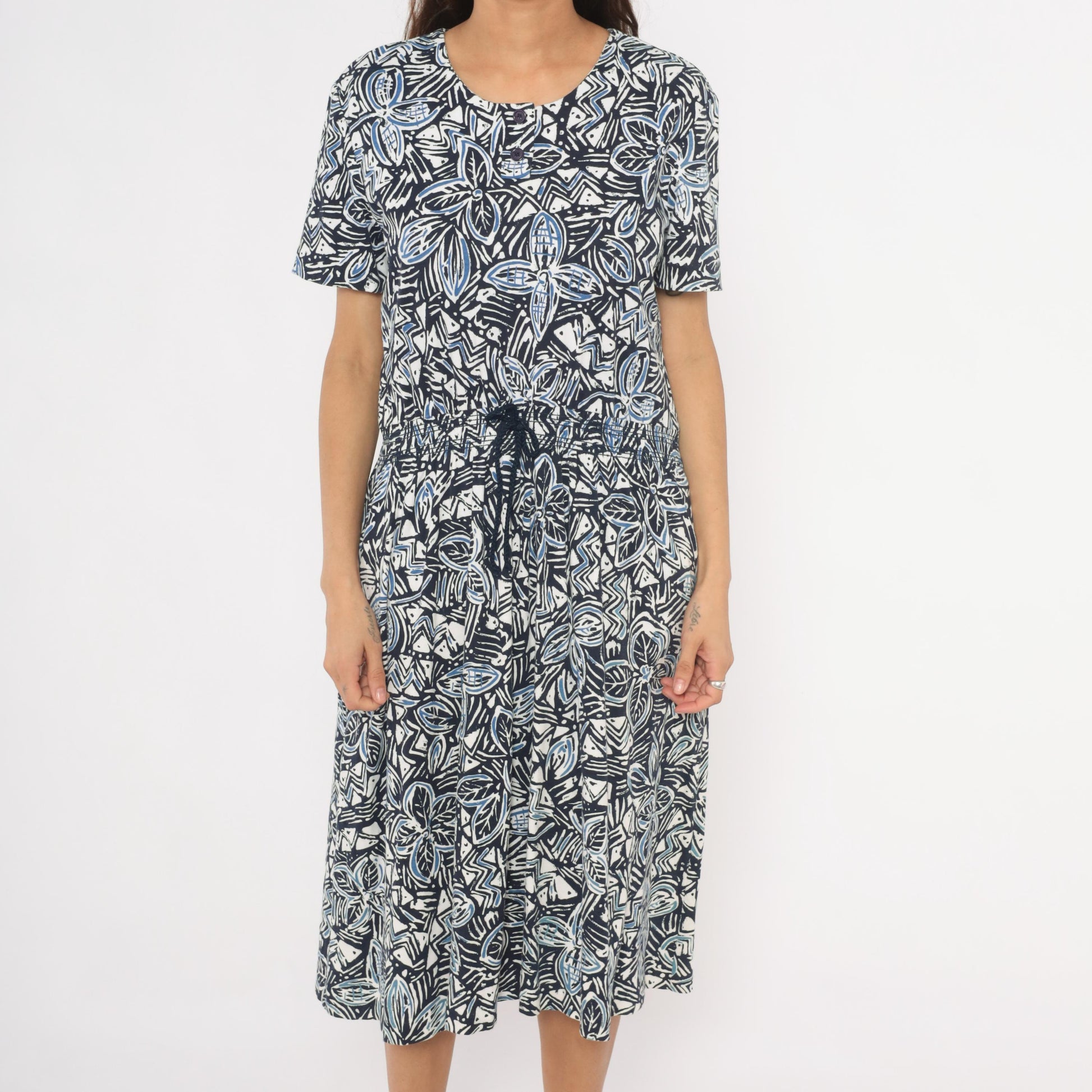 90s Via Sant Andrea Navy Floral Midi Dress Cotton Henley Button Short Sleeve Large L
