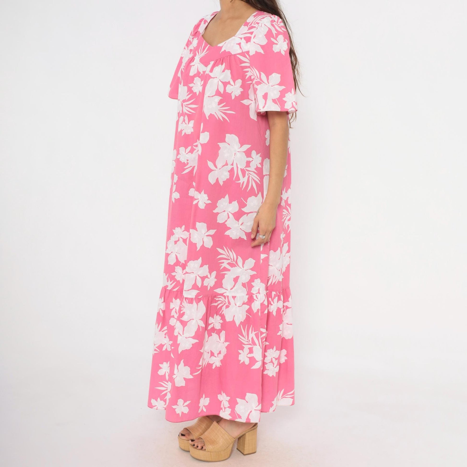 80s Pink Floral Maxi Dress Tropical Hibiscus Puff Sleeve Sweetheart Medium M