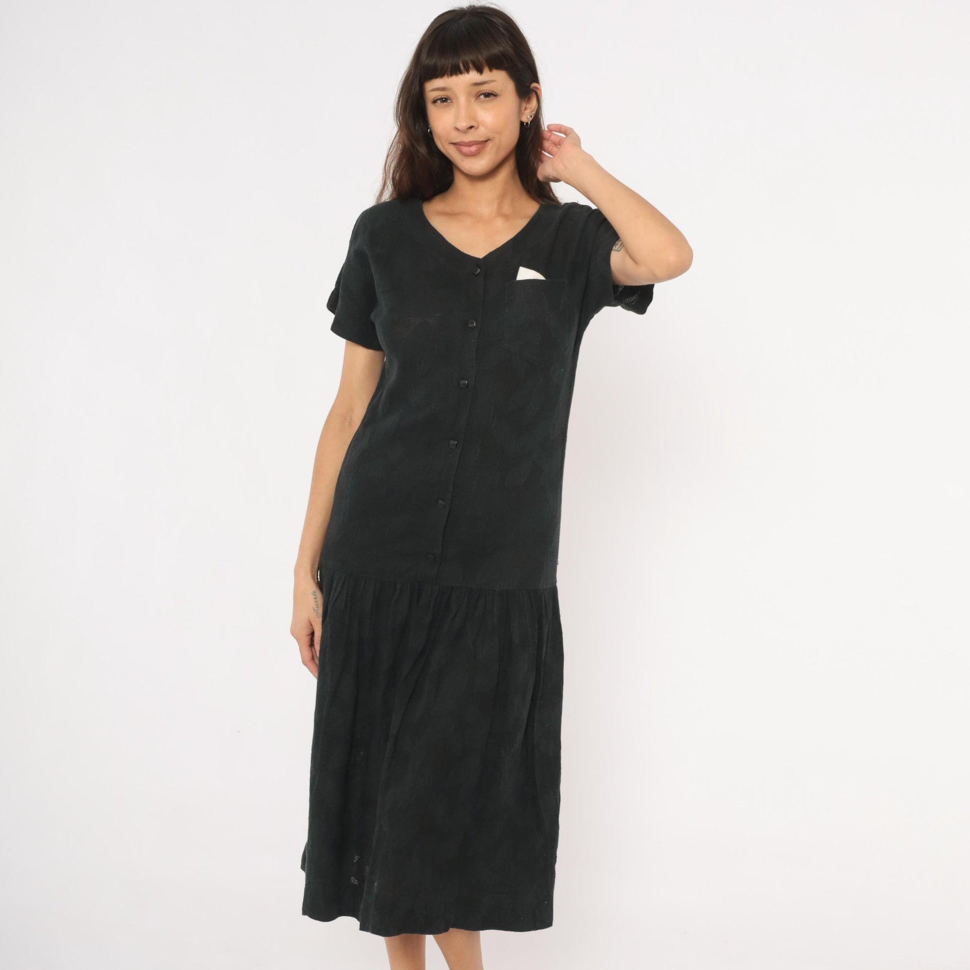 90s Black Cotton Midi Dress Button Front V Neck Drop Waist Small S