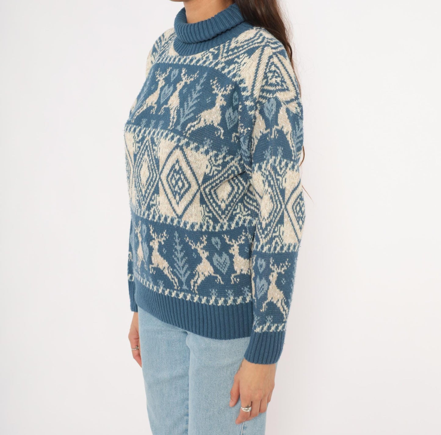 90s United States Sweaters Reindeer Fair Isle Turtleneck Blue Cream Small