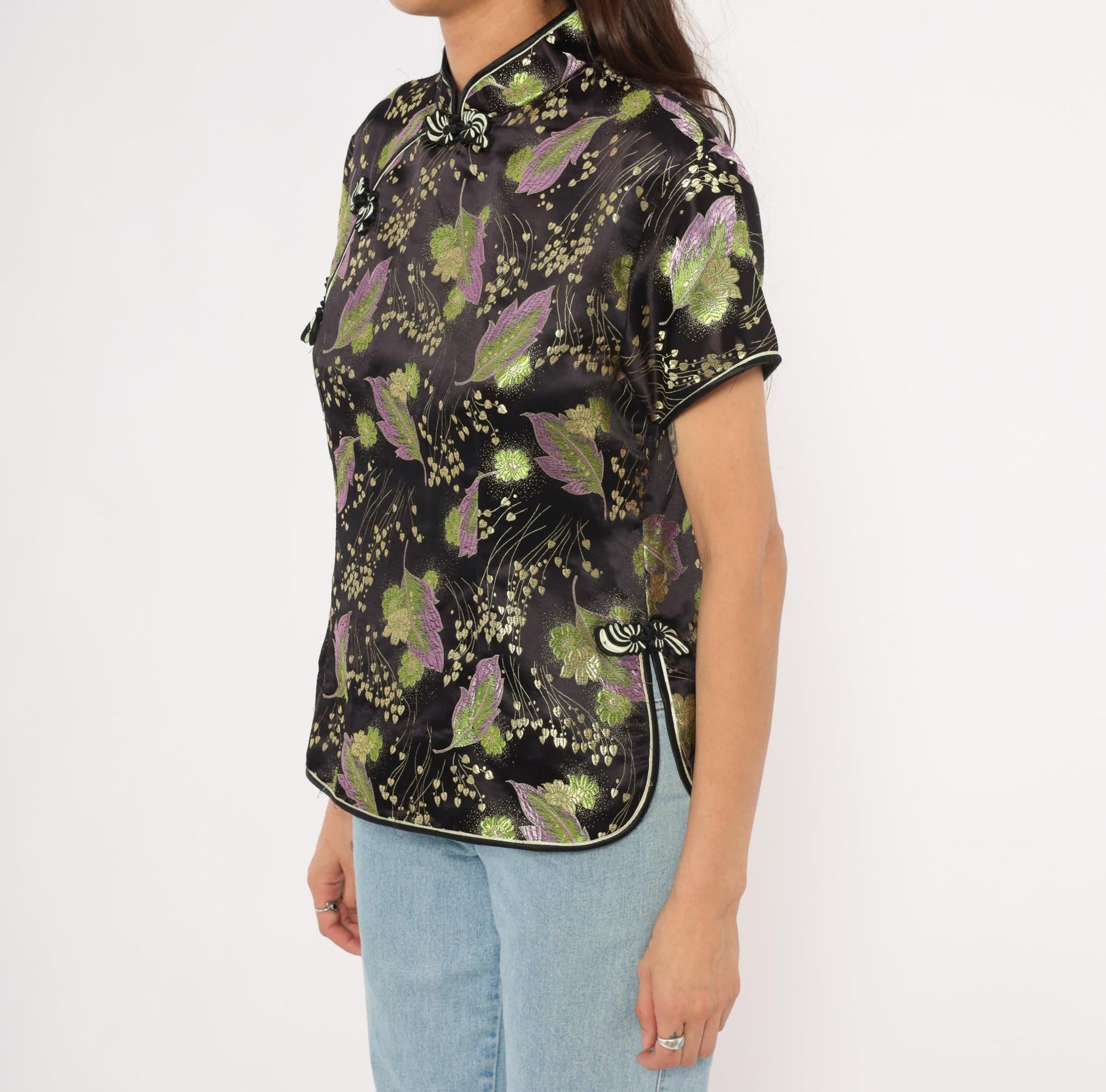 90s Mimi Cheongsam Top Black Brocade Floral Mandarin Collar Plus Size XXL