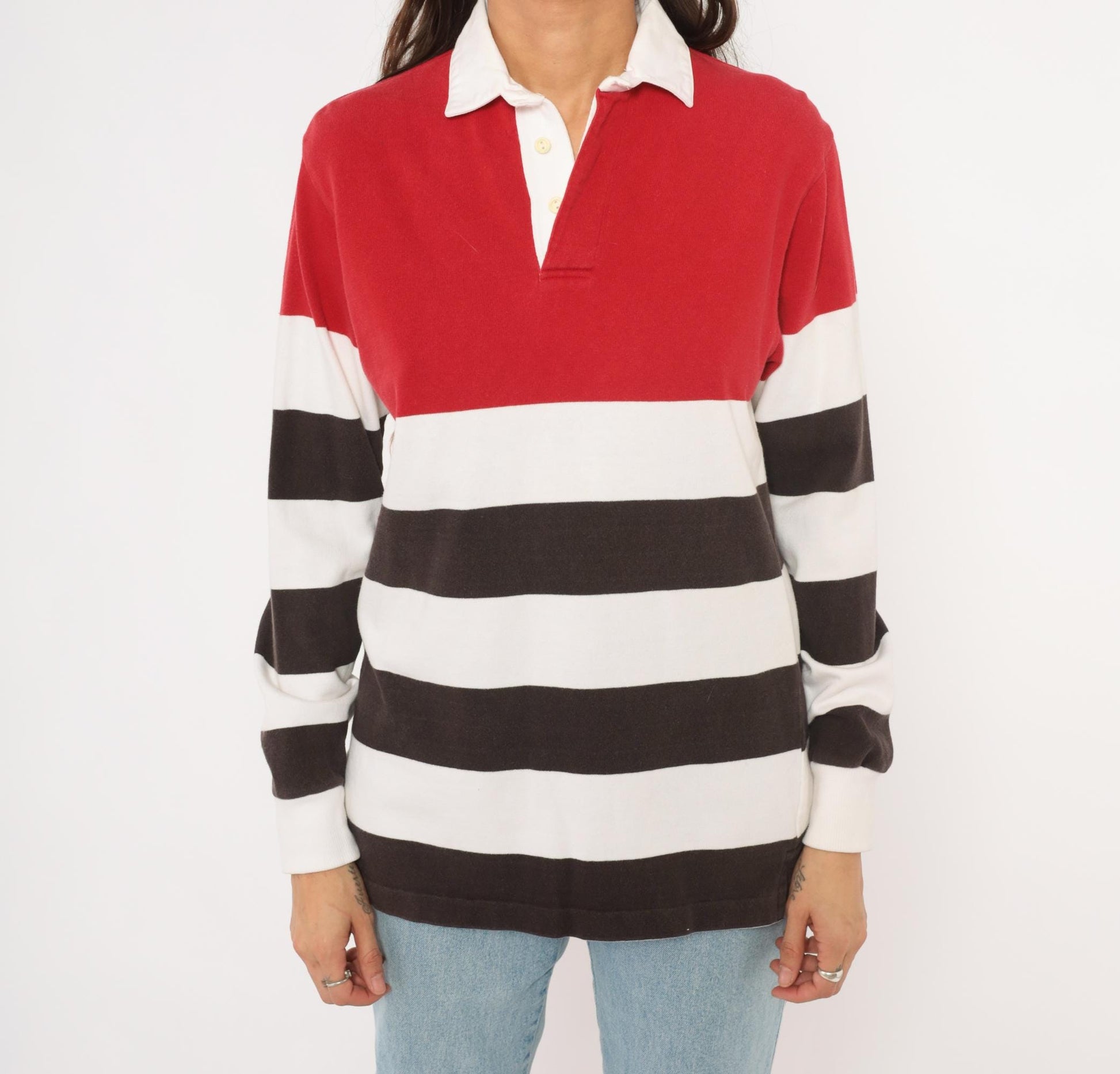 90s Cambridge Classics Rugby Shirt Striped Red White Brown Cotton Small