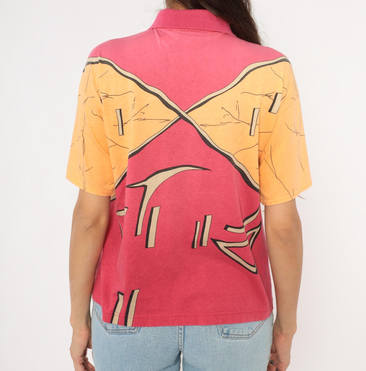 90s Ixspa Abstract Polo Pink Orange Cotton Geometric Graphic Medium