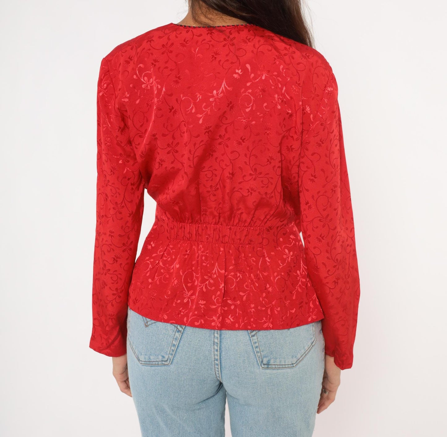 90s SL Petites Red Jacquard Wrap Blouse Floral Vine Embossed Small S