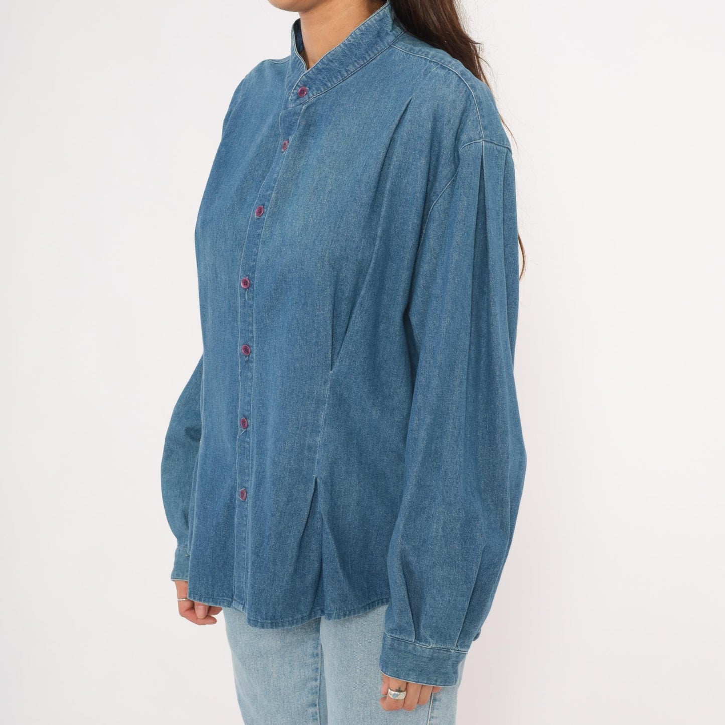 90s International Male Denim Shirt Mandarin Collar Button Front Blue Chambray Large L