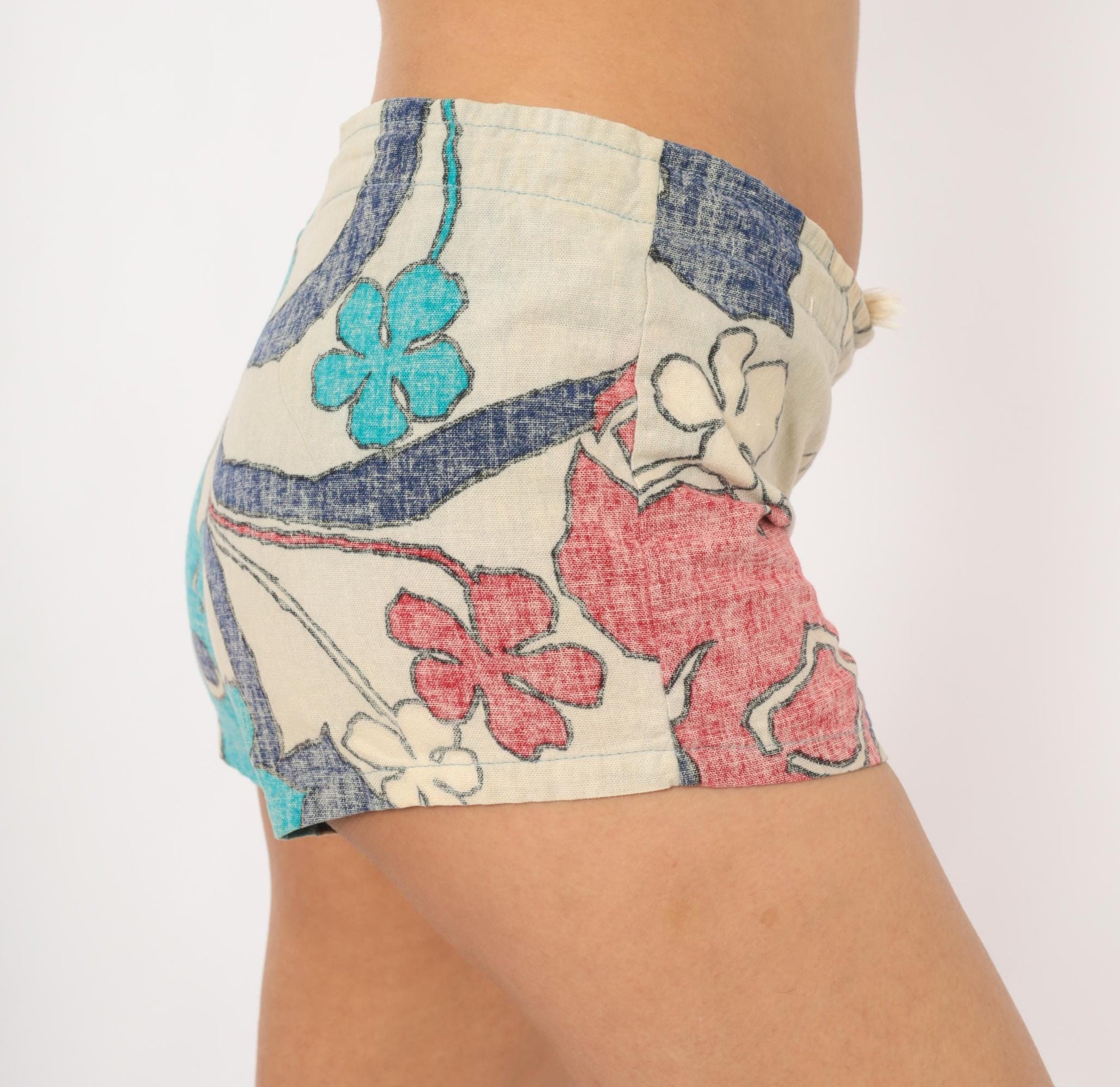 80s Jantzen Floral Drawstring Shorts Cotton Low Rise Mini Coral Turquoise Small