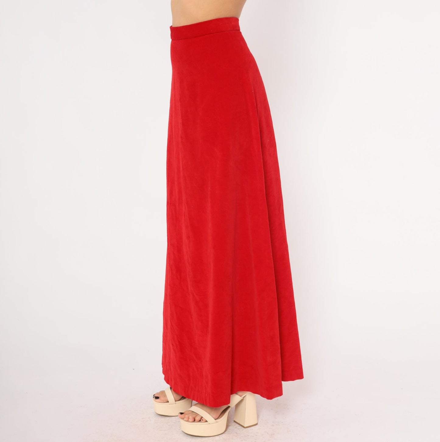 70s Red Velvet Maxi Skirt High Waist A-Line Floor Length Small
