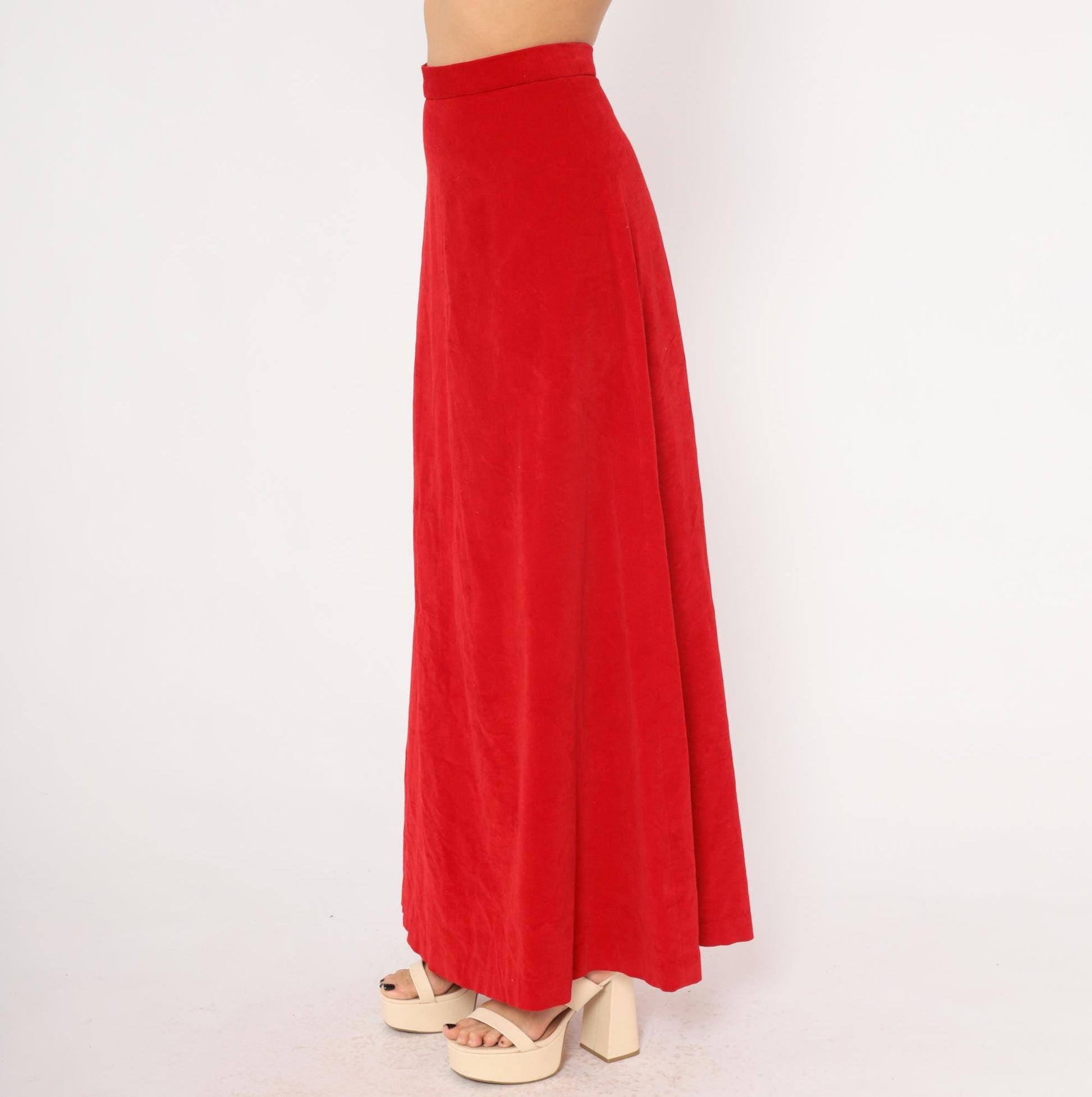 70s Red Velvet Maxi Skirt High Waist A-Line Floor Length Small