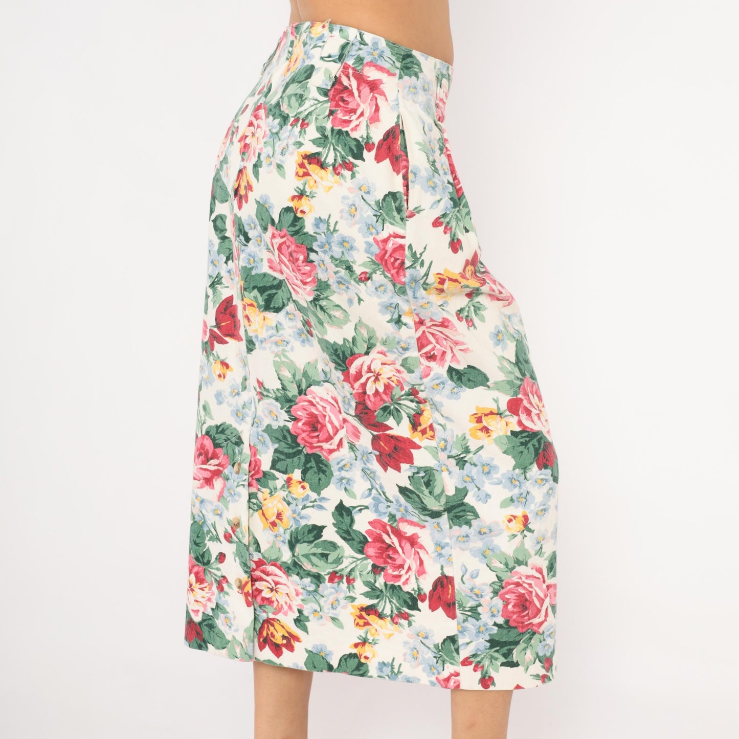 90s Gotcha Covered Floral Pencil Skirt Cream Rose Print Cotton Medium L