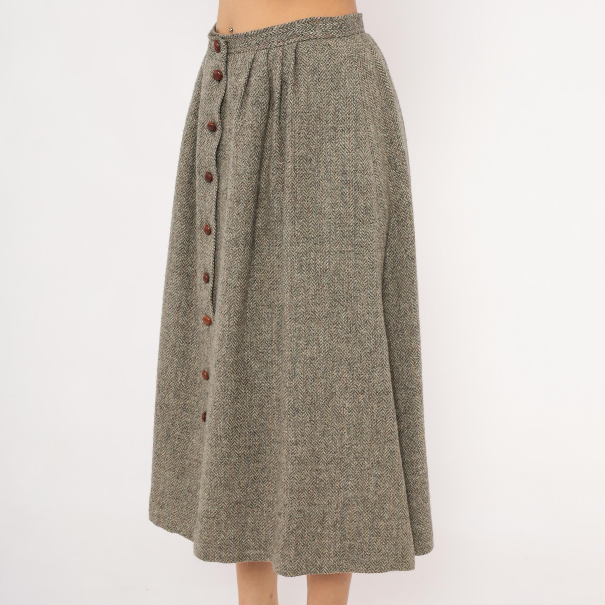 80s David Brooks Wool Herringbone Midi Skirt Grey Tan Pleated Medium L