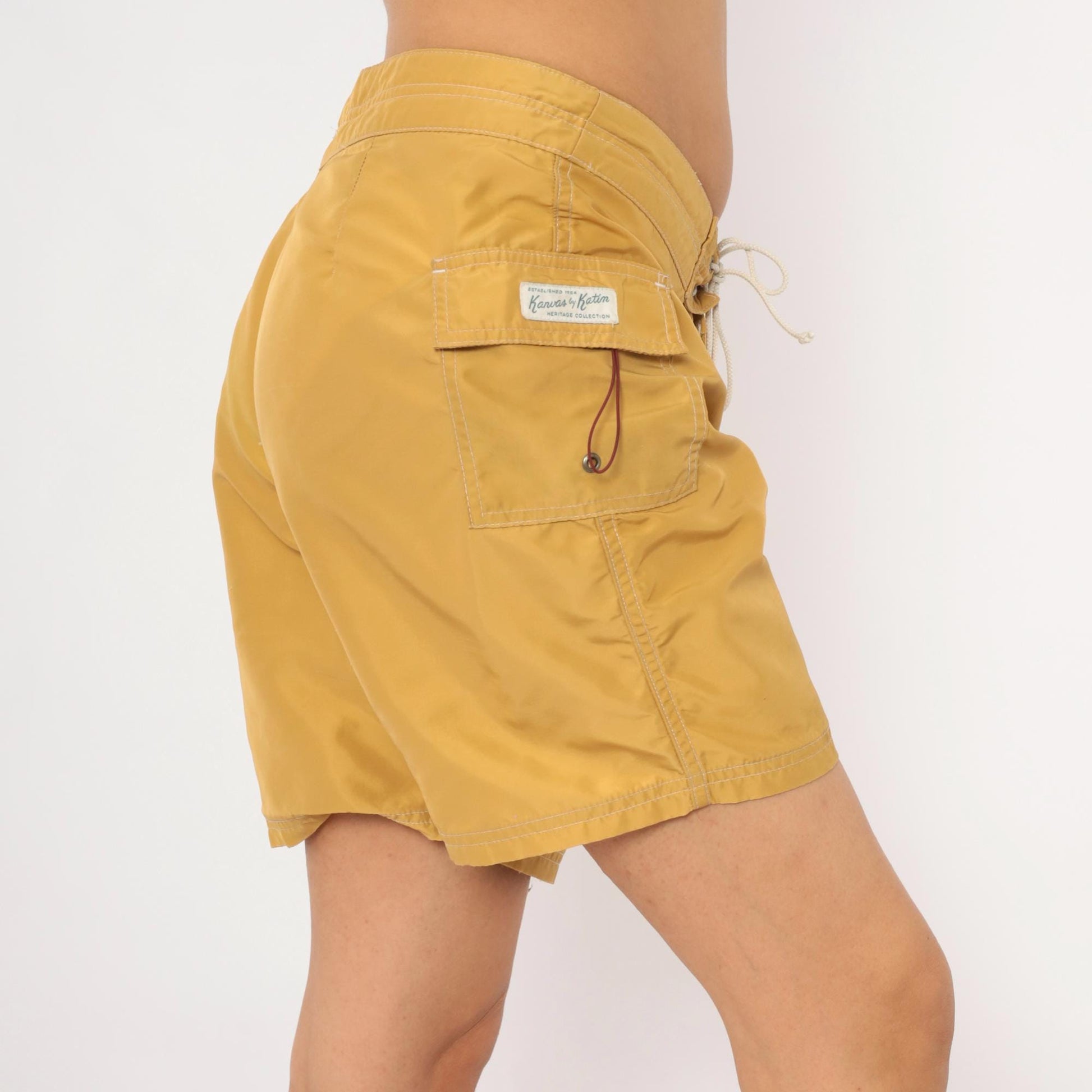 Y2K Kanvas by Katin Mustard Board Shorts Surfside California Embroidered Patch 32