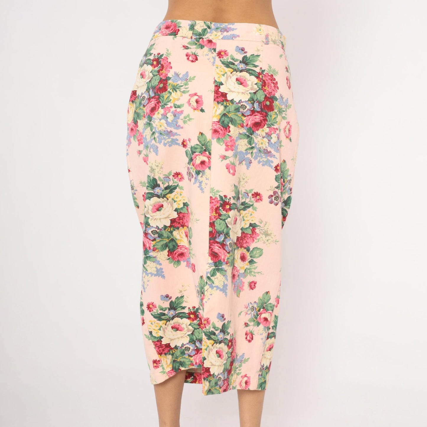 90s On The Verge Floral Midi Pencil Skirt Pink Cotton Large L