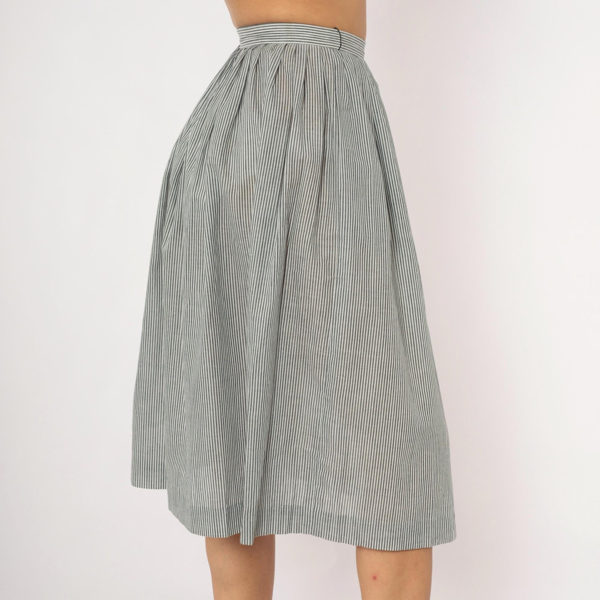 80s NR1 Grey Pinstripe Gathered Skirt Cotton Pleated High-Waisted Extra Small