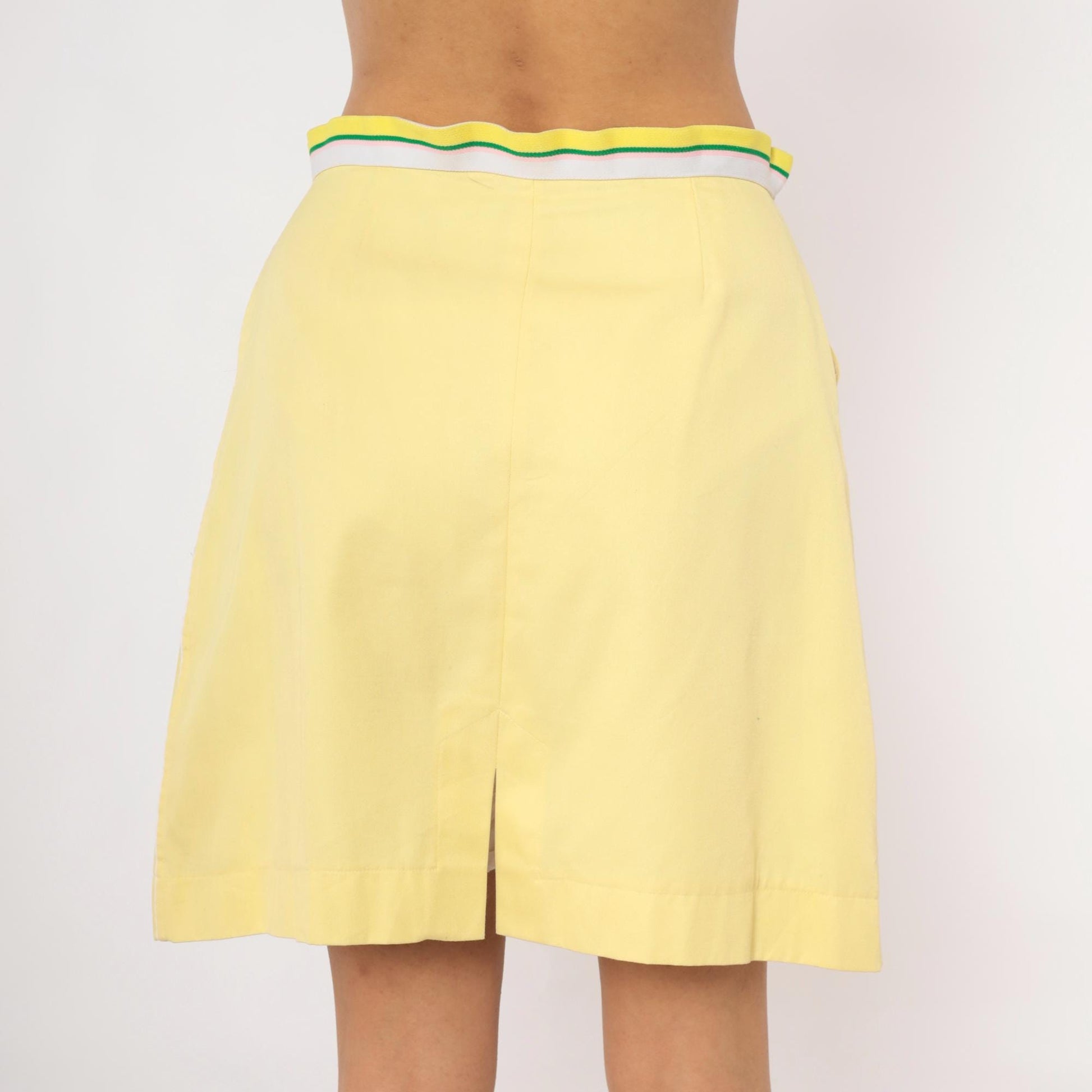 80s Lady Briarcliff Yellow Mini Skirt Striped Waistband Tennis A-Line Medium Large