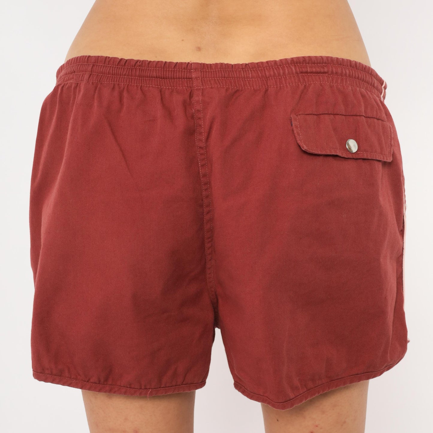 80s Repage Burgundy Swim Trunks Drawstring Waist Cotton Contrast Piping Large L