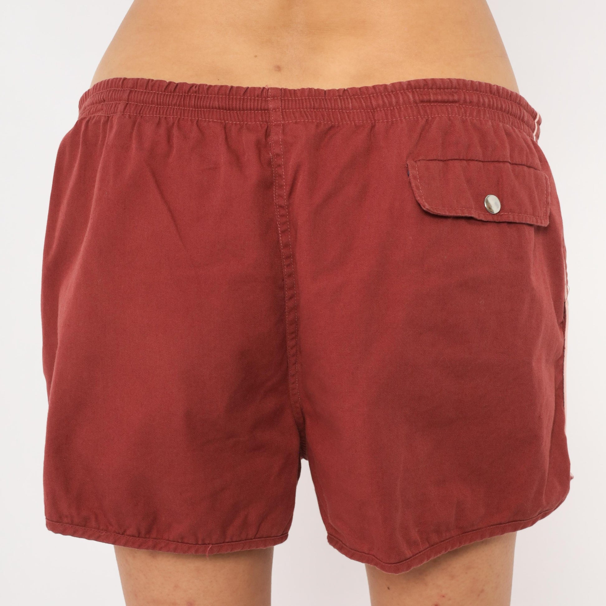 80s Repage Burgundy Swim Trunks Drawstring Waist Cotton Contrast Piping Large L