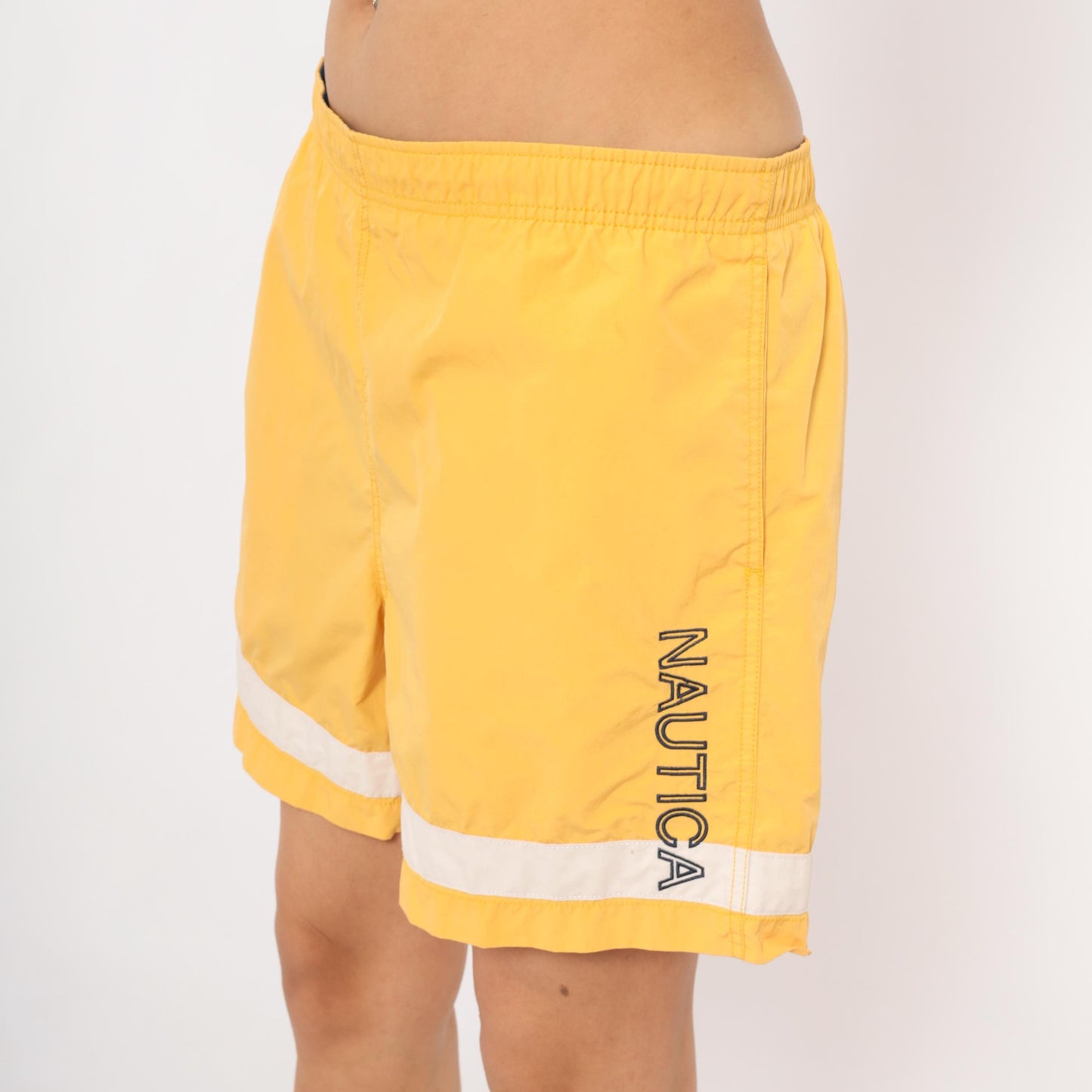Nautica Yellow Swim Trunks White Stripe Embroidered Logo 2000s Board Short Medium