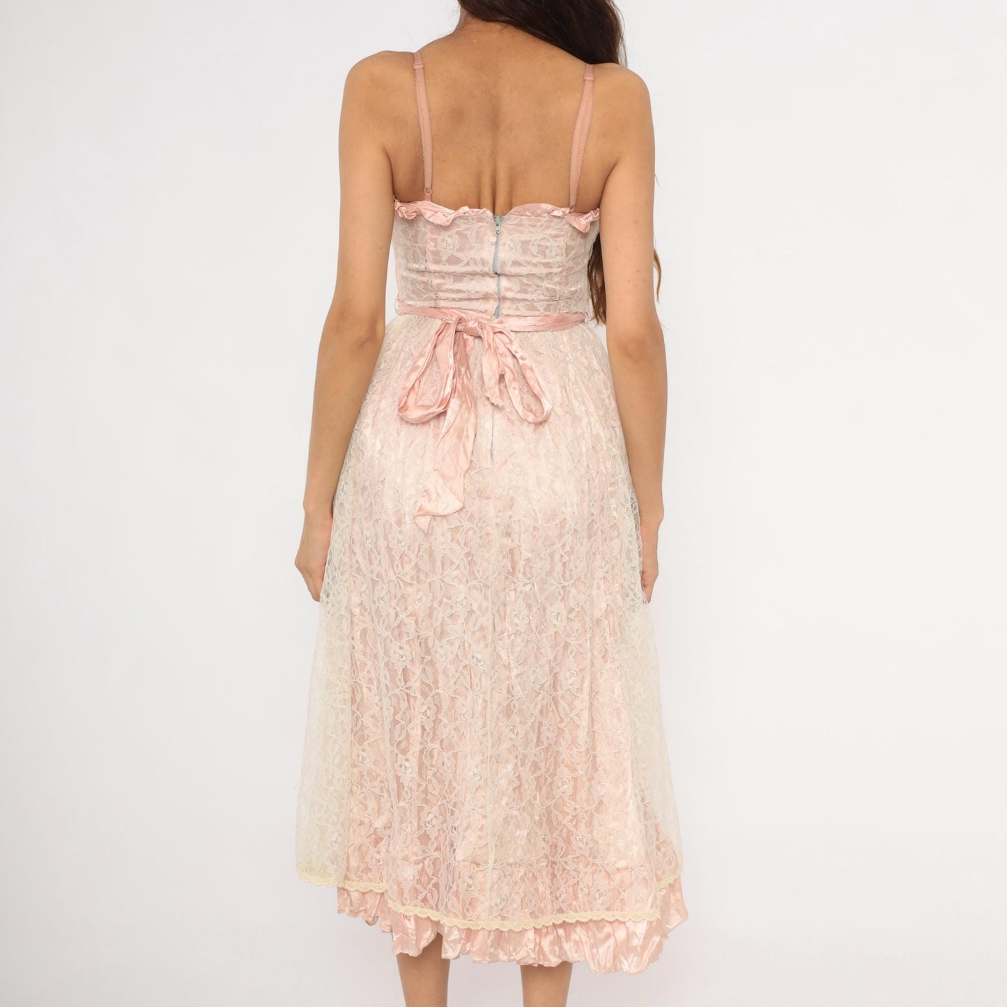 60s Blush Pink Lace Midi Dress Sweetheart Neckline Satin Bow Back Extra Small XS