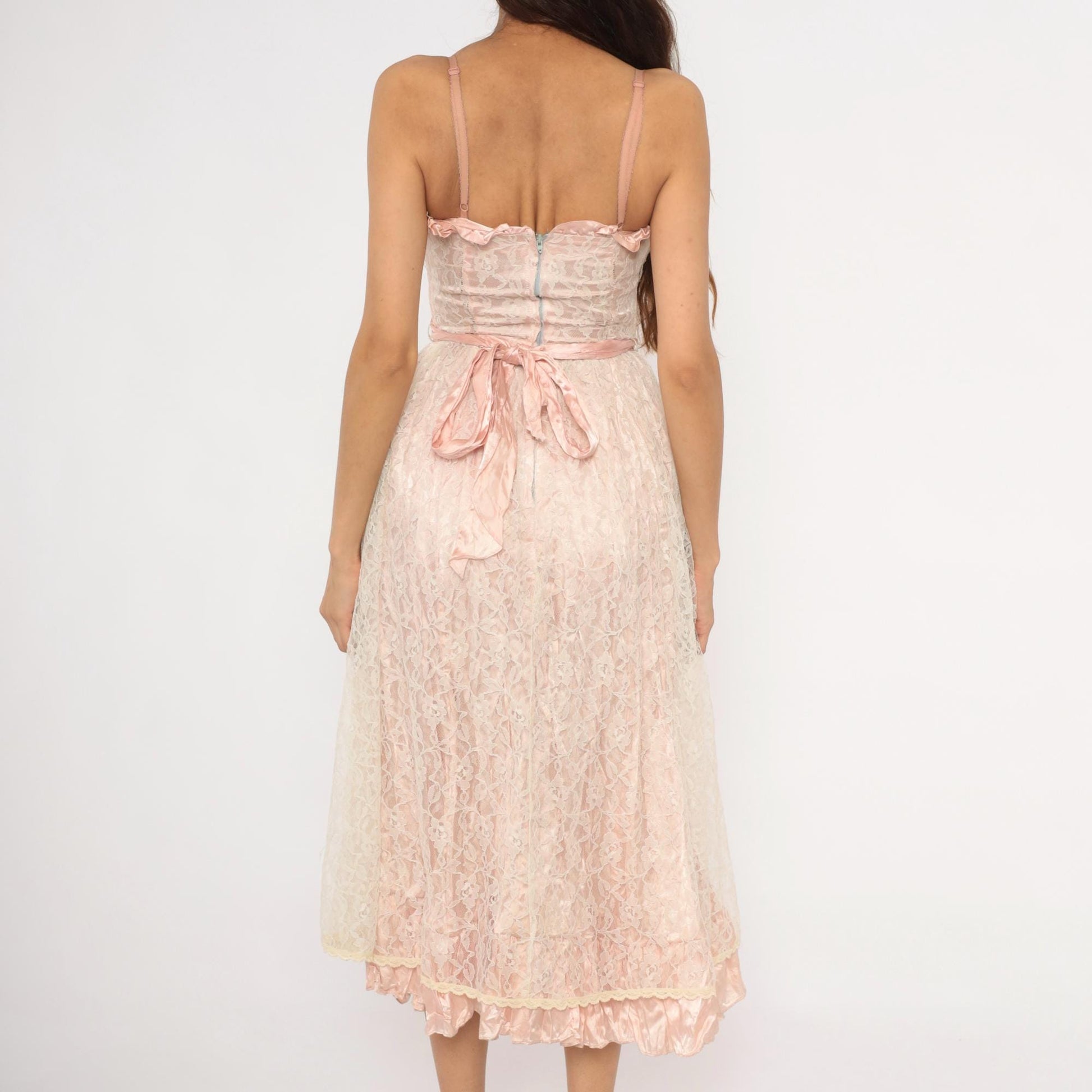 60s Blush Pink Lace Midi Dress Sweetheart Neckline Satin Bow Back Extra Small XS