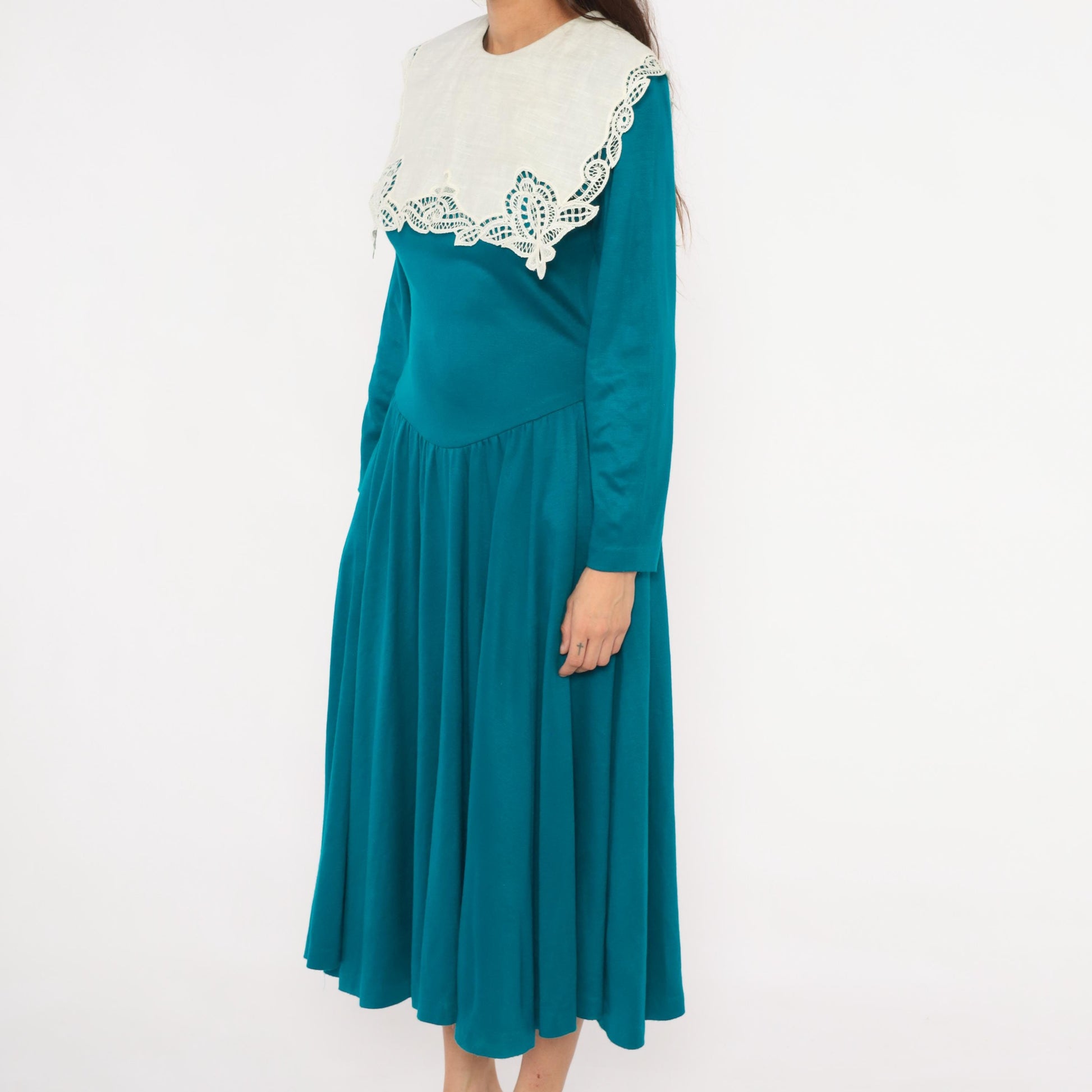 80s Expo Teal Midi Dress Cream Scalloped Lace Collar Small Medium